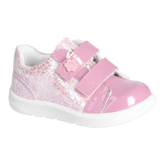A girls casual soe by Ricosta, style Jasmine in sucre pink/murano with two velcro straps, one with a flower on and a holographic pattern on side. Right side view