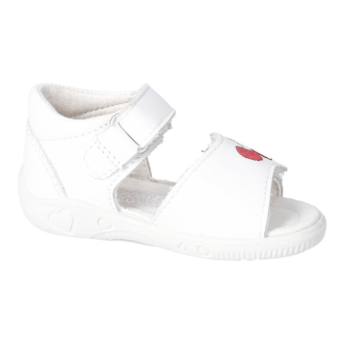A girls sandal by Ricosta, style Mimi in white cherry, with two velcro straps, one with cherry detail. Inner left view