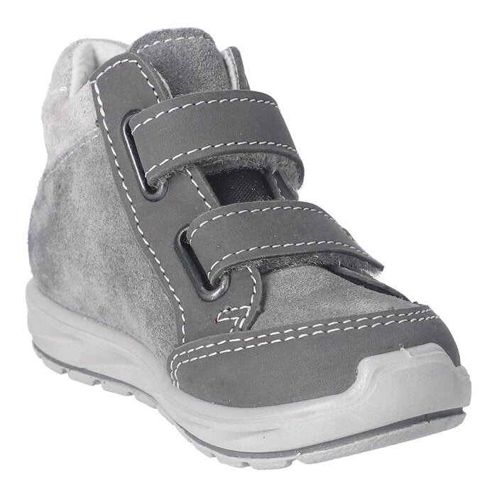 A boys waterproof boot by Ricosta, style Kimi, in grey with double velcro fastening. Angled view.