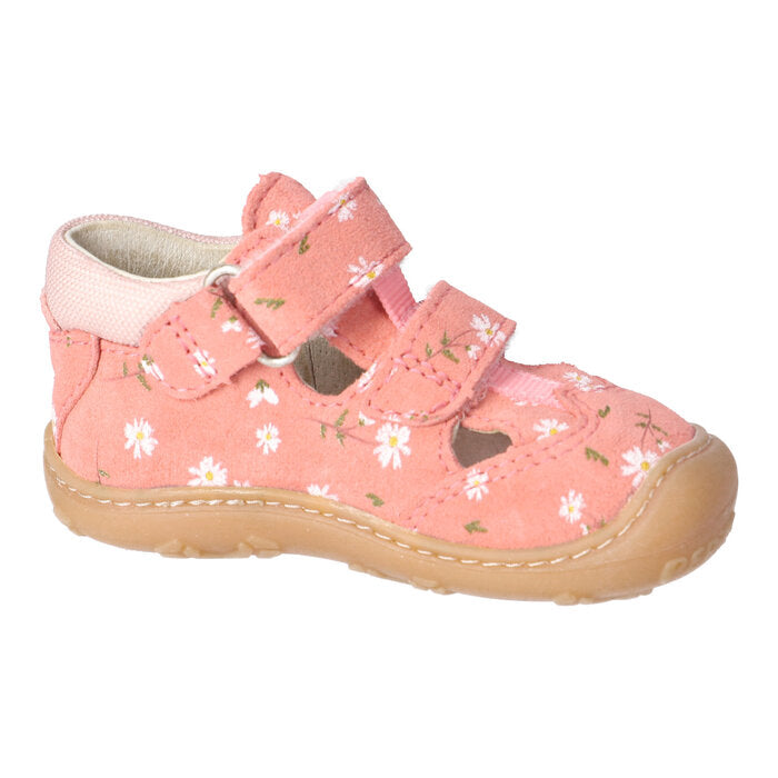 A girls sandal by Ricosta, style Ebi in strawberry/velour daisy with white daisy pattern and two velcro straps and toe and heel bumpers. Inner left side view