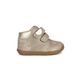 A girls ankle boot by Geox, style Macchia, in smoke grey with two velcro straps and front and heel bumpers. Right side view