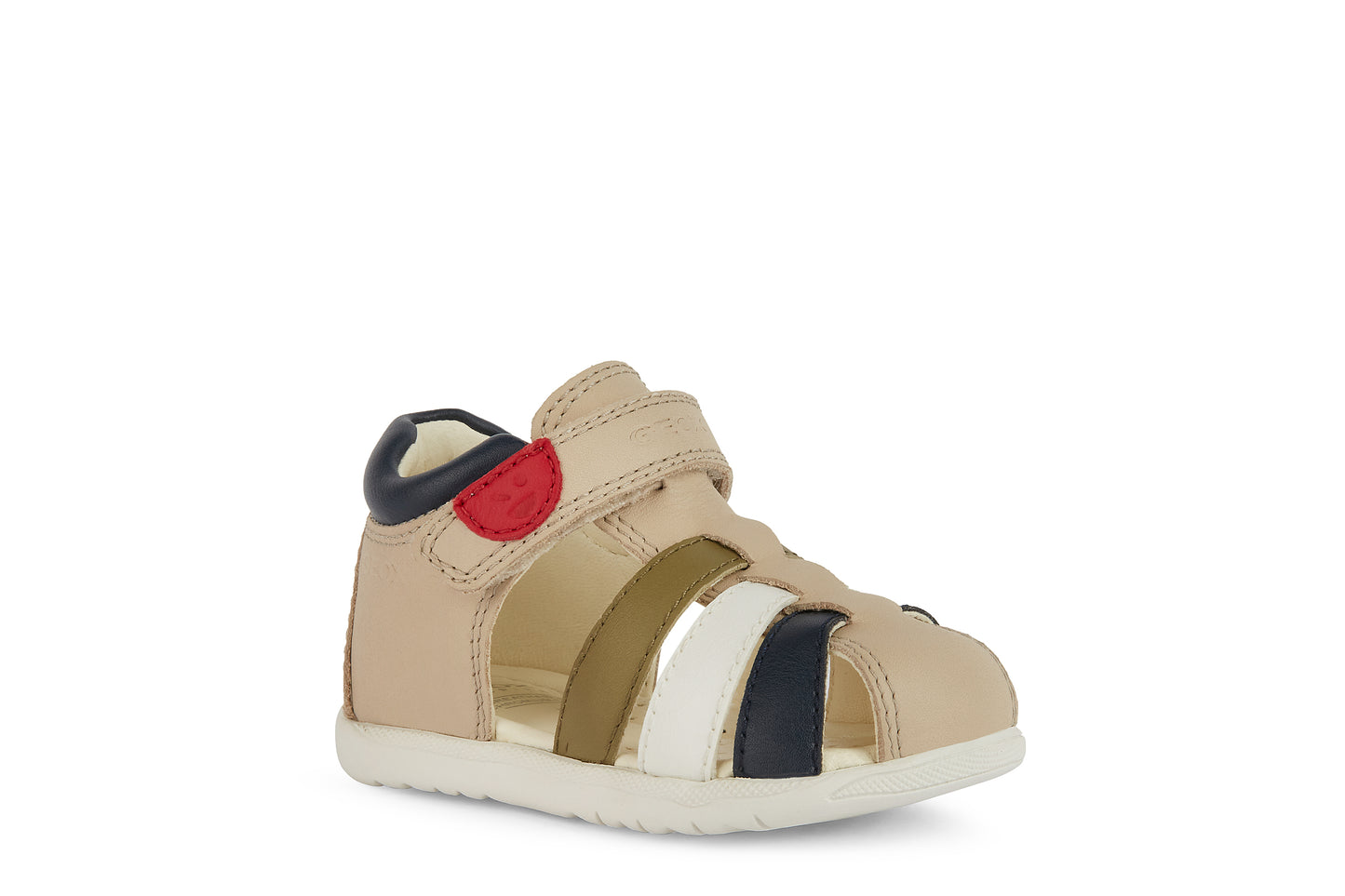 A boys closed toe sandal by Geox, style B Macchia, in beige multi nubuck leather with velcro fastening. Angled right side view.