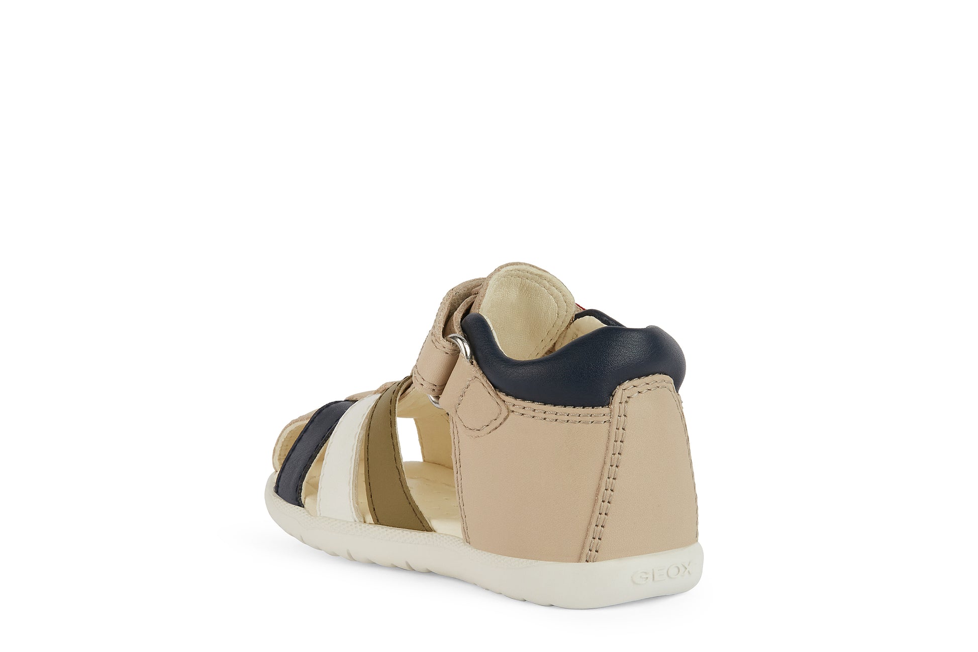 A boys closed toe sandal by Geox, style B Macchia, in beige multi nubuck leather with velcro fastening. Angled left side view.