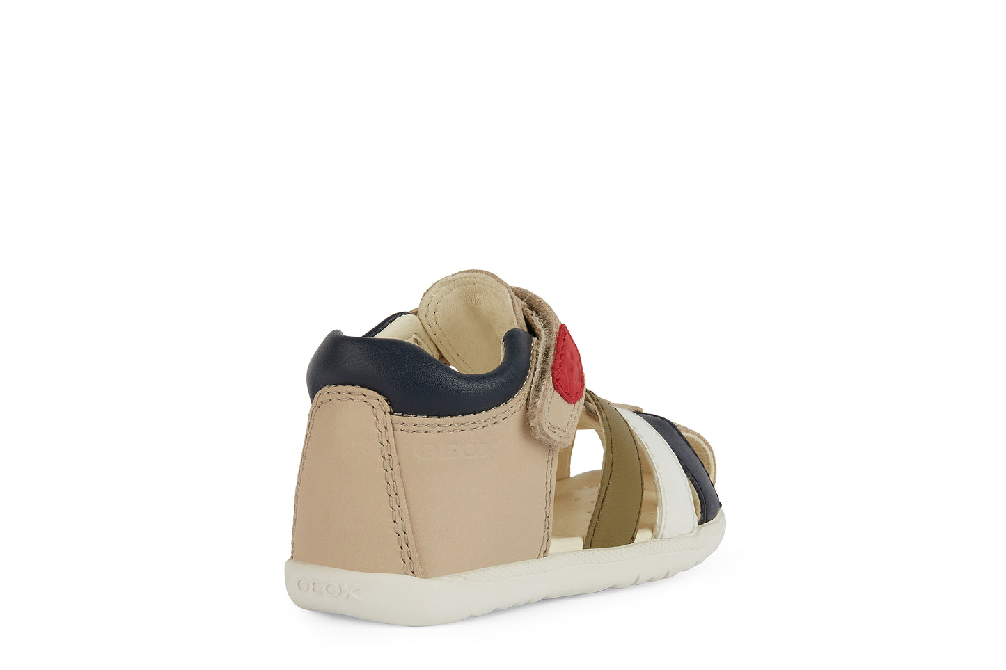 A boys closed toe sandal by Geox, style B Macchia, in beige multi nubuck leather with velcro fastening. Angled right side view.