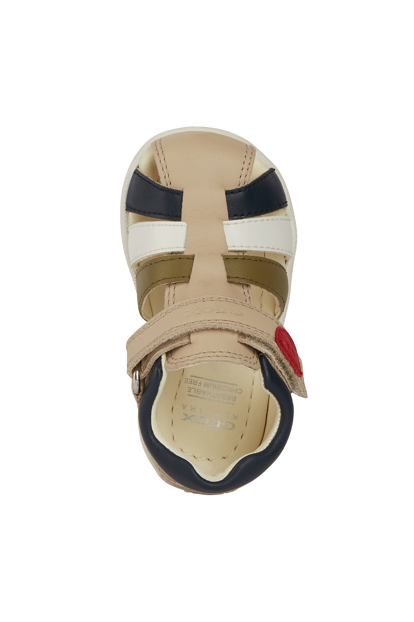 A boys closed toe sandal by Geox, style B Macchia, in beige multi nubuck leather with velcro fastening. View from above.