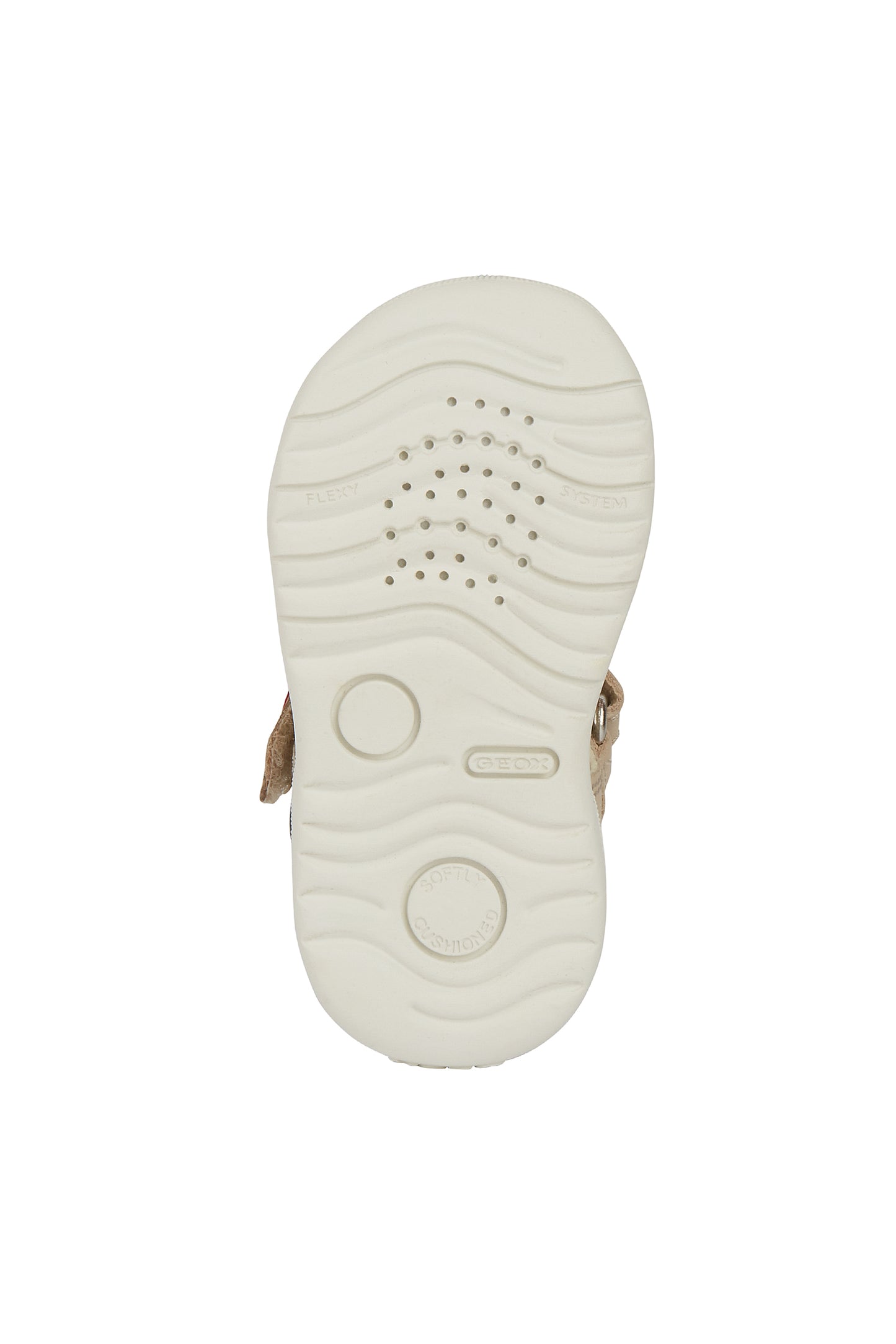 A boys closed toe sandal by Geox, style B Macchia, in beige multi nubuck leather with velcro fastening. View of white sole.