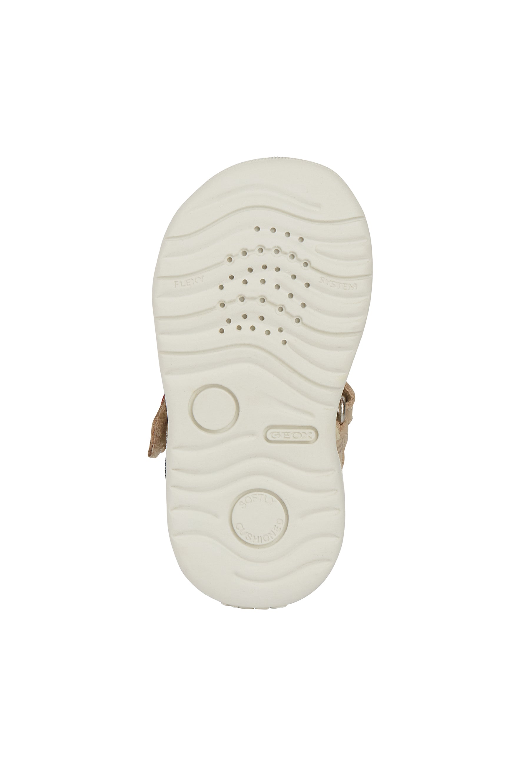 A boys closed toe sandal by Geox, style B Macchia, in beige multi nubuck leather with velcro fastening. View of white sole.