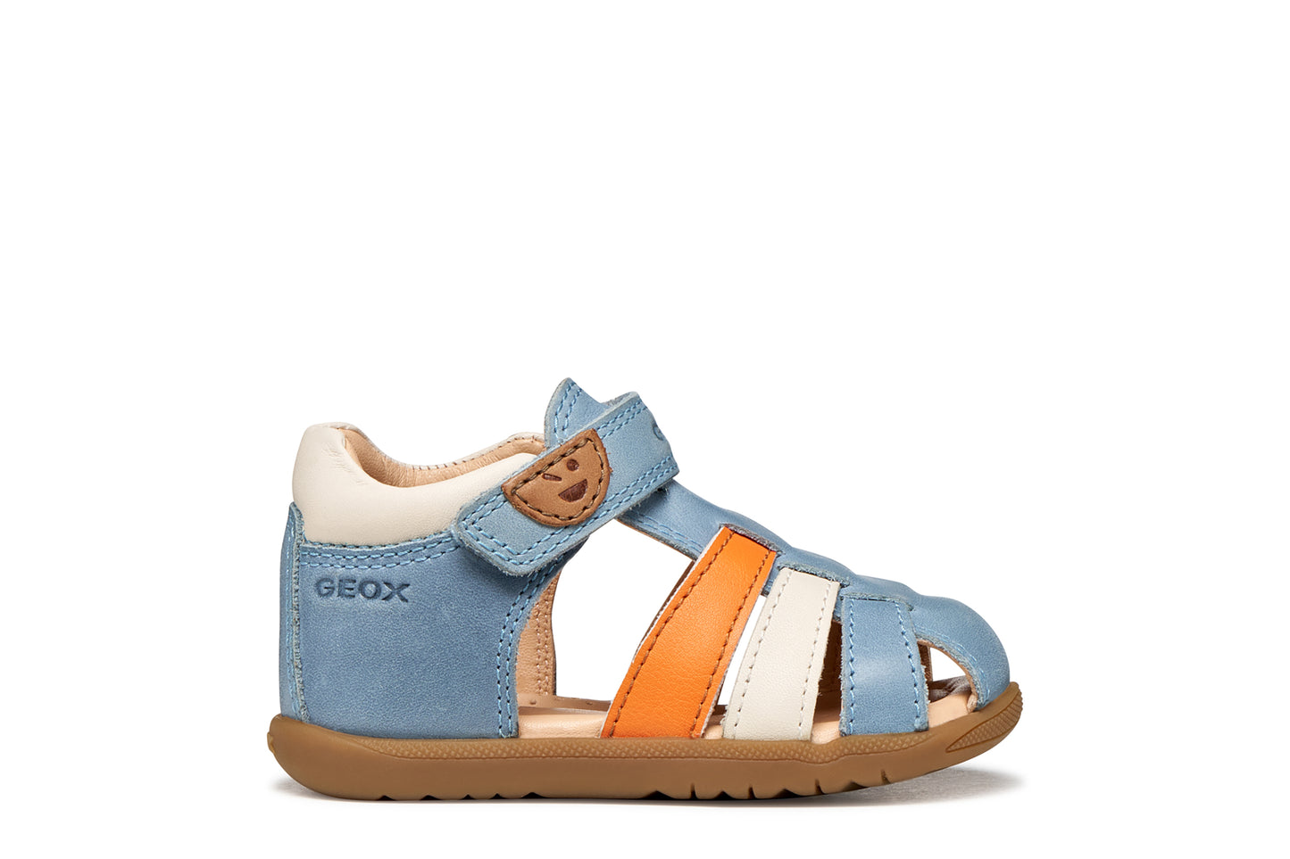 A unisex sandal by Geox, style Macchia in blue. orange and white with velcro strap and face detail on strap. Right side view
