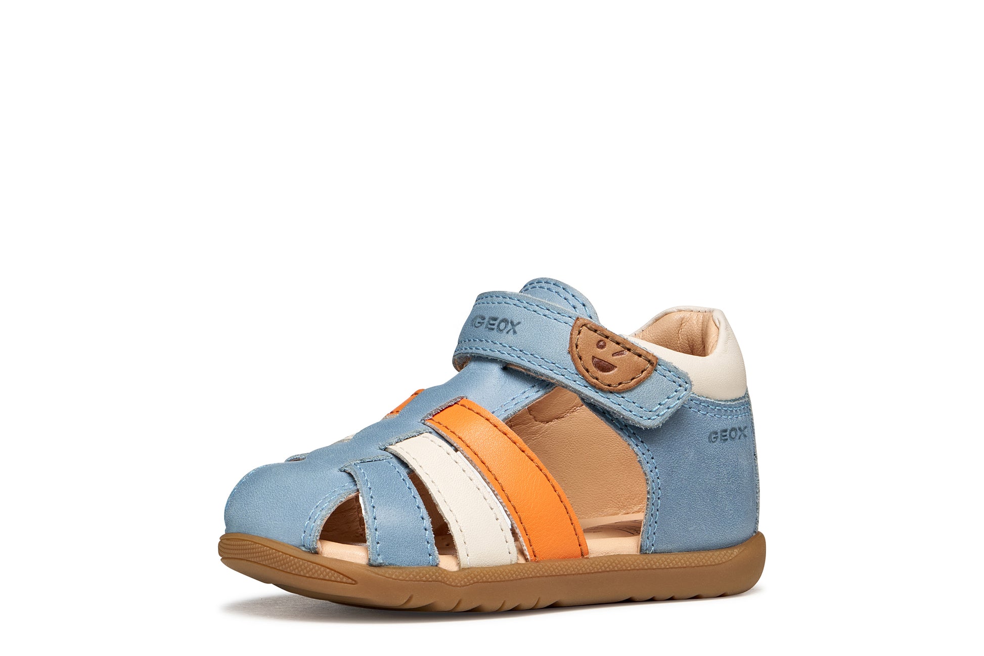 A unisex sandal by Geox, style Macchia in blue. orange and white with velcro strap and face detail on strap. Left side view
