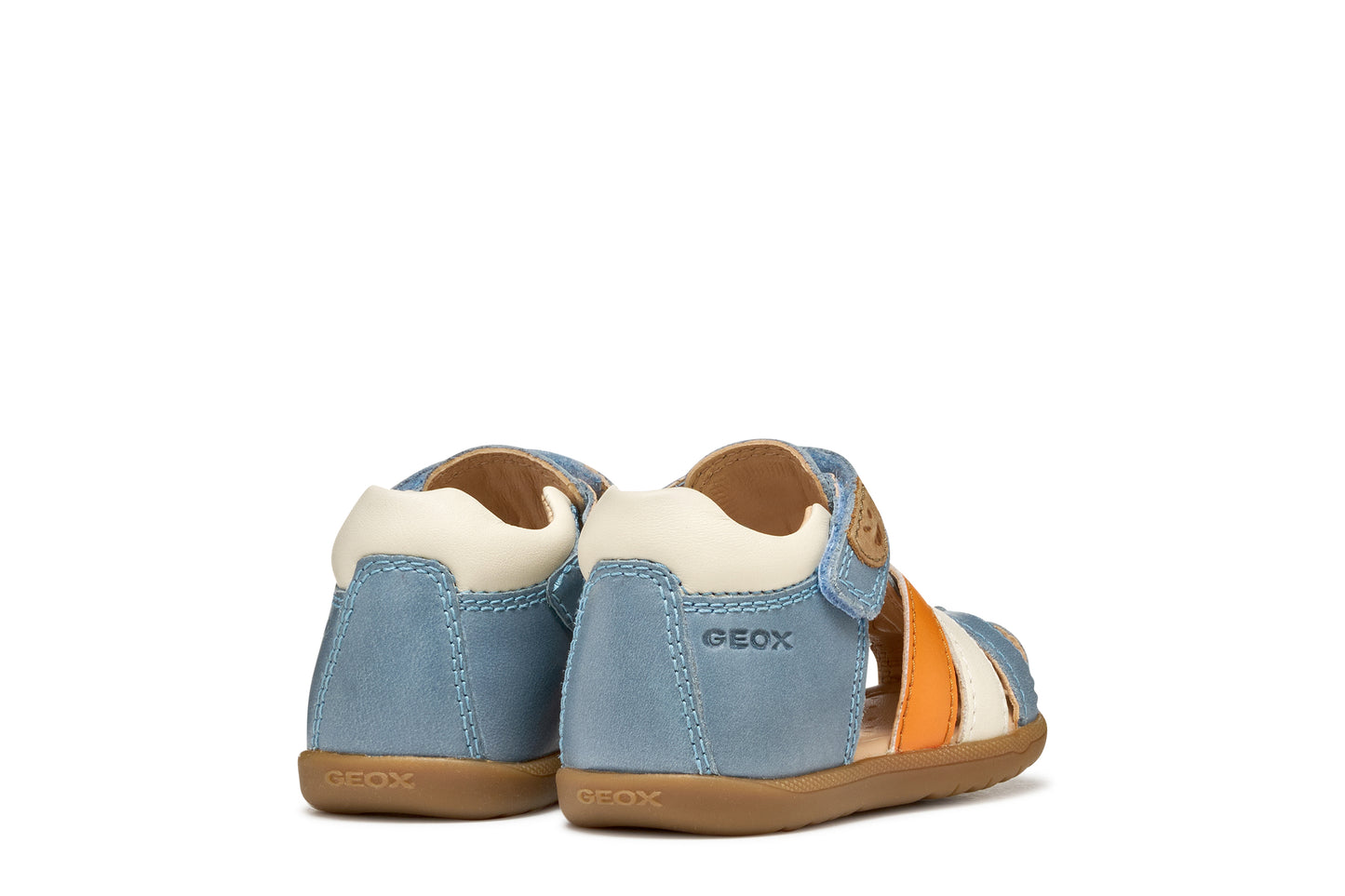 A unisex sandal by Geox, style Macchia in blue. orange and white with velcro strap and face detail on strap. Back view of pair