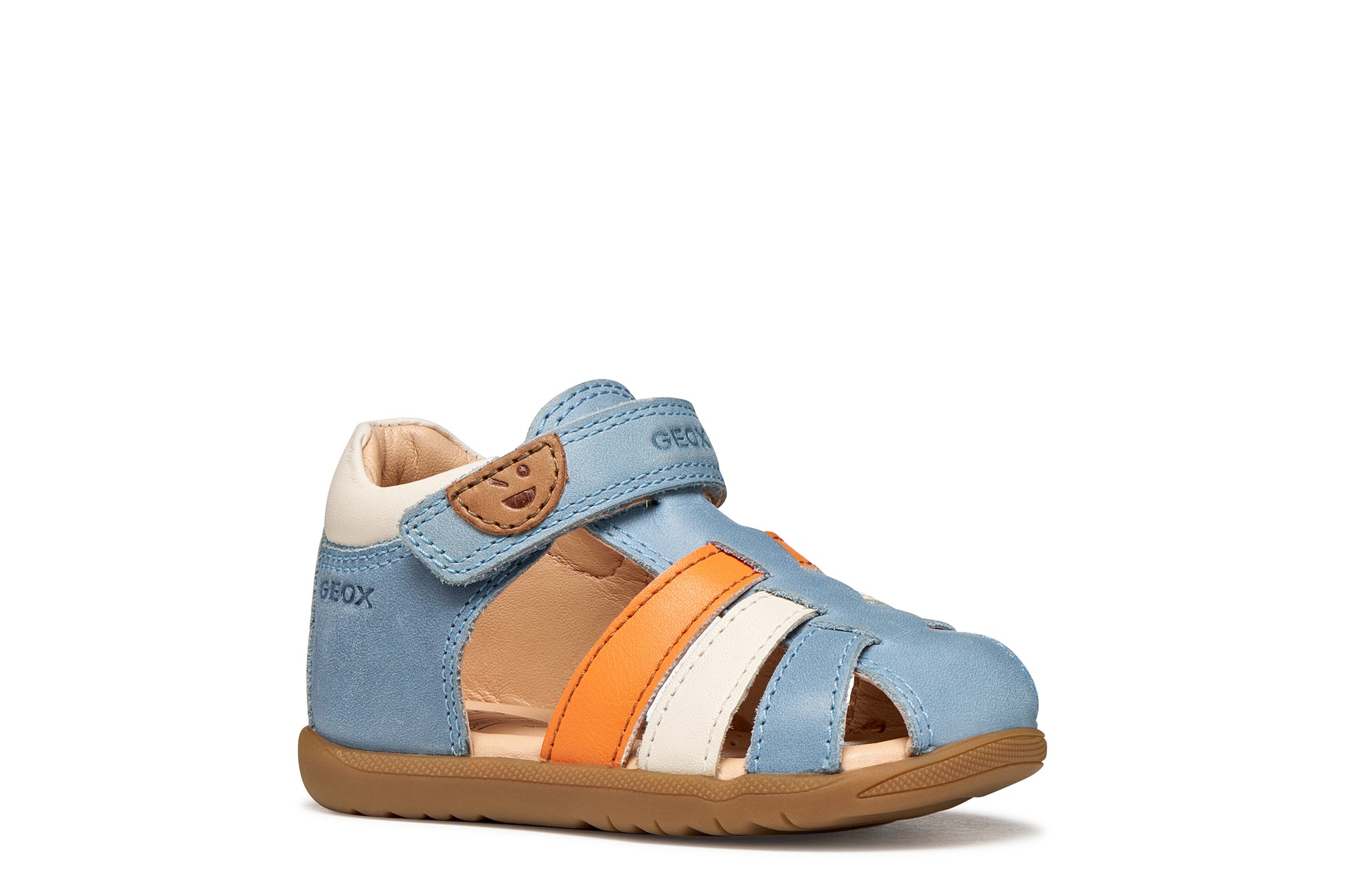 A unisex sandal by Geox, style Macchia in blue. orange and white with velcro strap and face detail on strap. Right side view