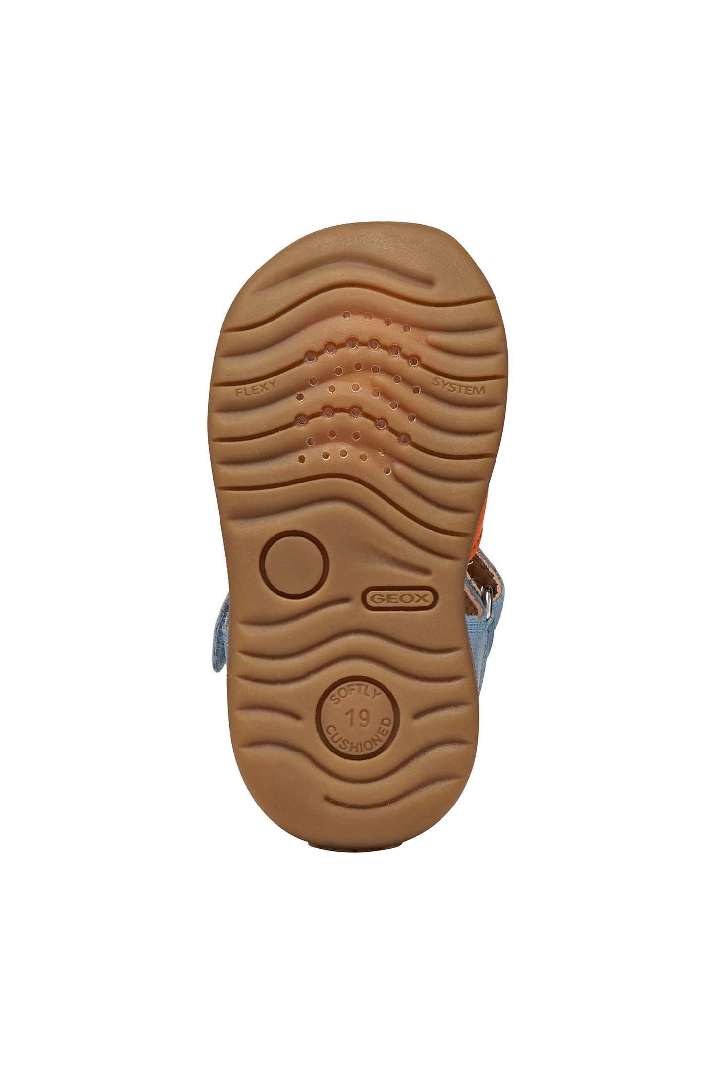 A unisex sandal by Geox, style Macchia in blue. orange and white with velcro strap and face detail on strap. View of sole with breathable holes