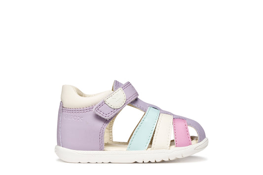 A girls sandal by Geox, style Macchia in lilac/watersea with blue white and pink on front and a velcro strap. Right side view