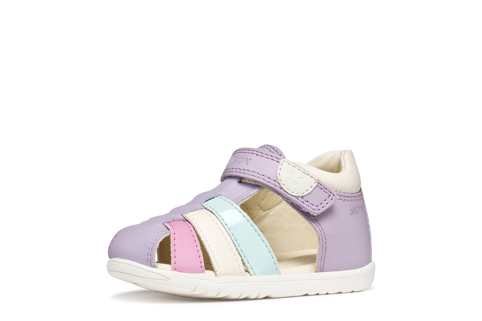 A girls sandal by Geox, style Macchia in lilac/watersea with blue white and pink on front and a velcro strap. left side view