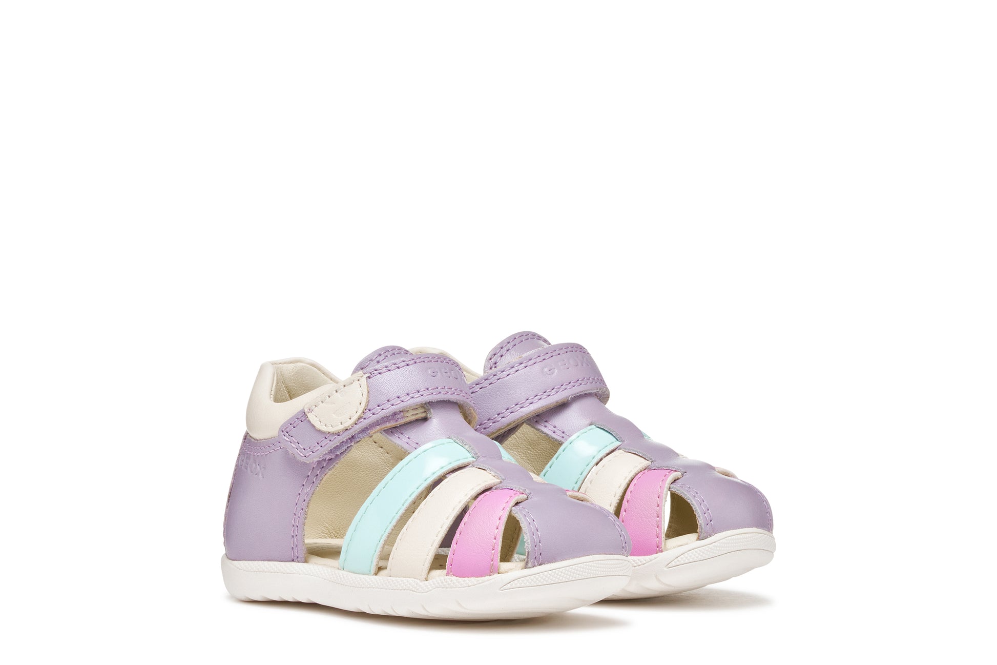 A girls sandal by Geox, style Macchia in lilac/watersea with blue white and pink on front and a velcro strap.View of pair