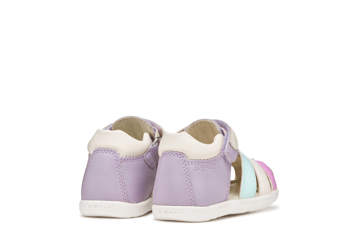 A girls sandal by Geox, style Macchia in lilac/watersea with blue white and pink on front and a velcro strap. Back view of pair