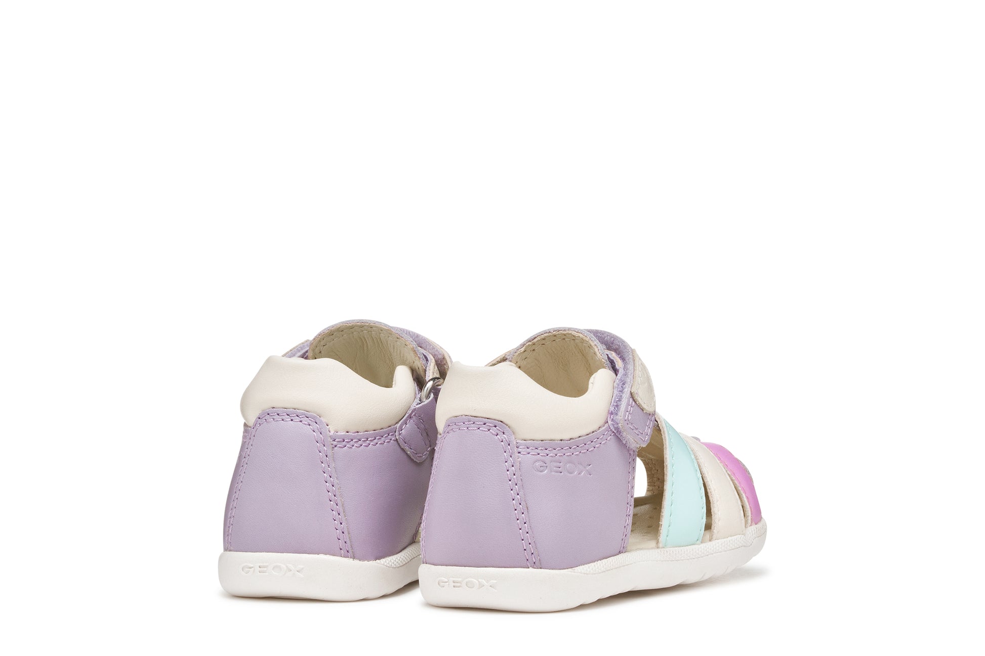 A girls sandal by Geox, style Macchia in lilac/watersea with blue white and pink on front and a velcro strap. Back view of pair