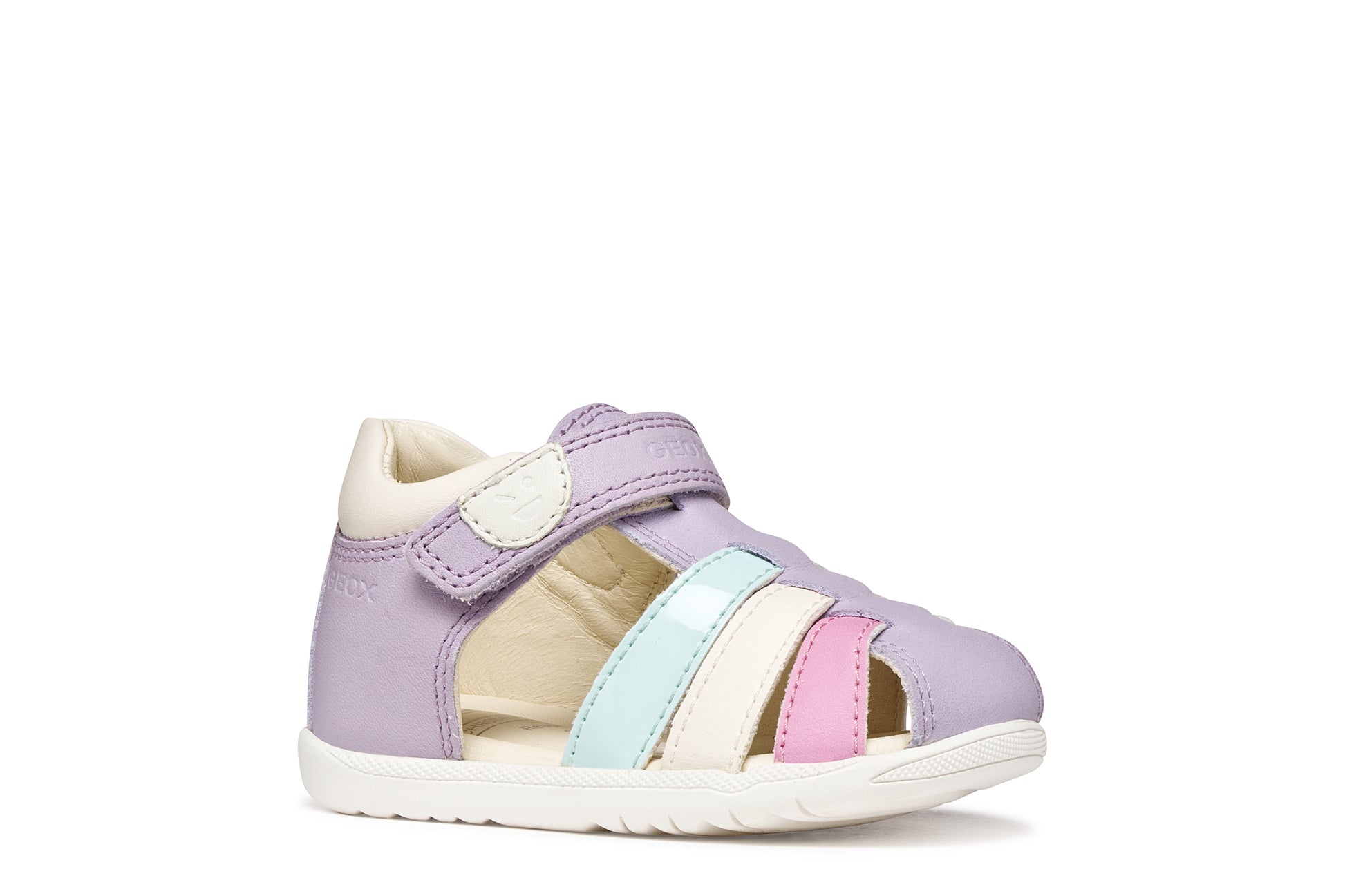 A girls sandal by Geox, style Macchia in lilac/watersea with blue white and pink on front and a velcro strap. Right side view