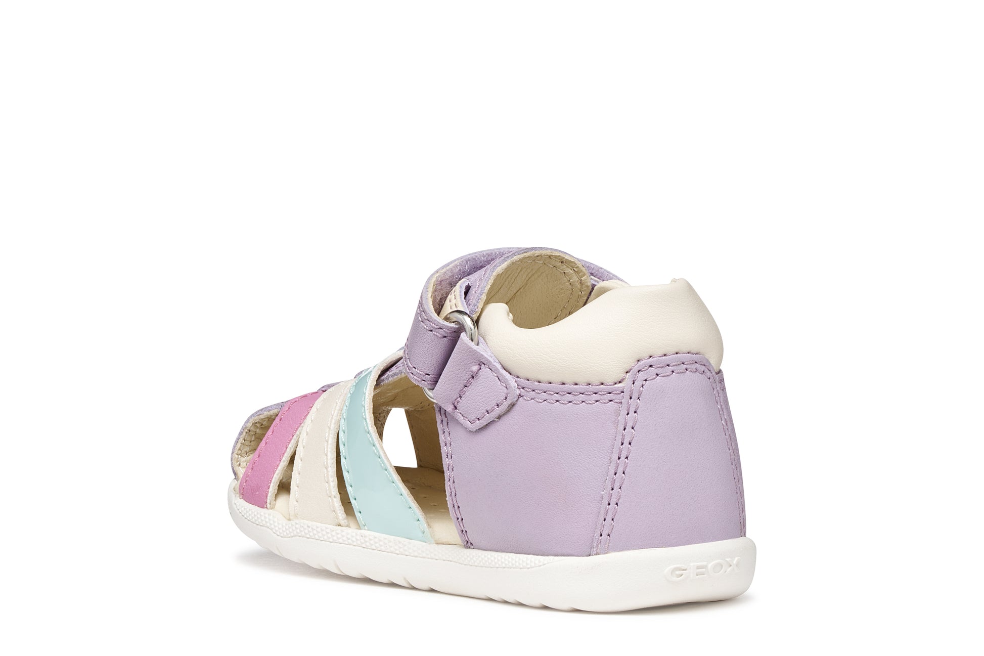 A girls sandal by Geox, style Macchia in lilac/watersea with blue white and pink on front and a velcro strap. Inner back view