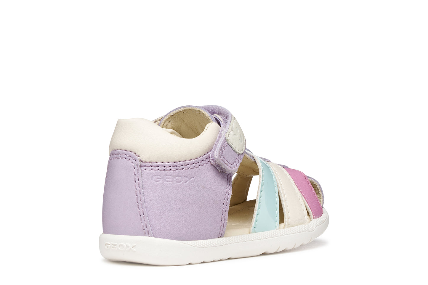 A girls sandal by Geox, style Macchia in lilac/watersea with blue white and pink on front and a velcro strap. Outer back view