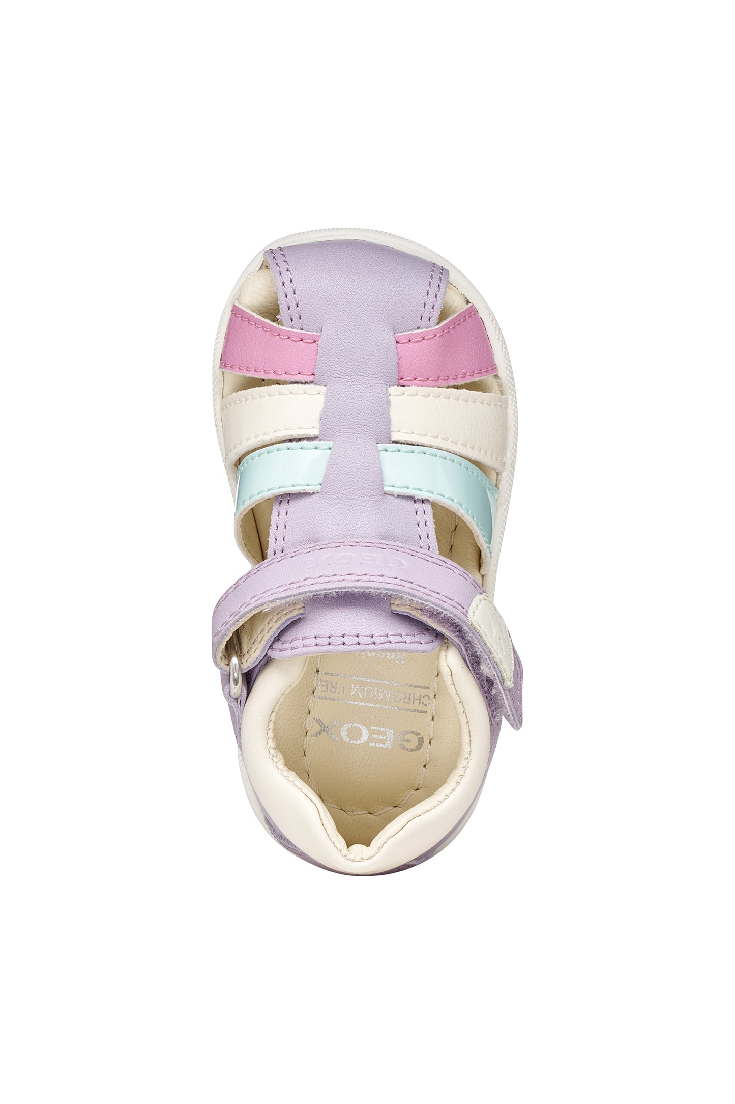 A girls sandal by Geox, style Macchia in lilac/watersea with blue white and pink on front and a velcro strap. Top view