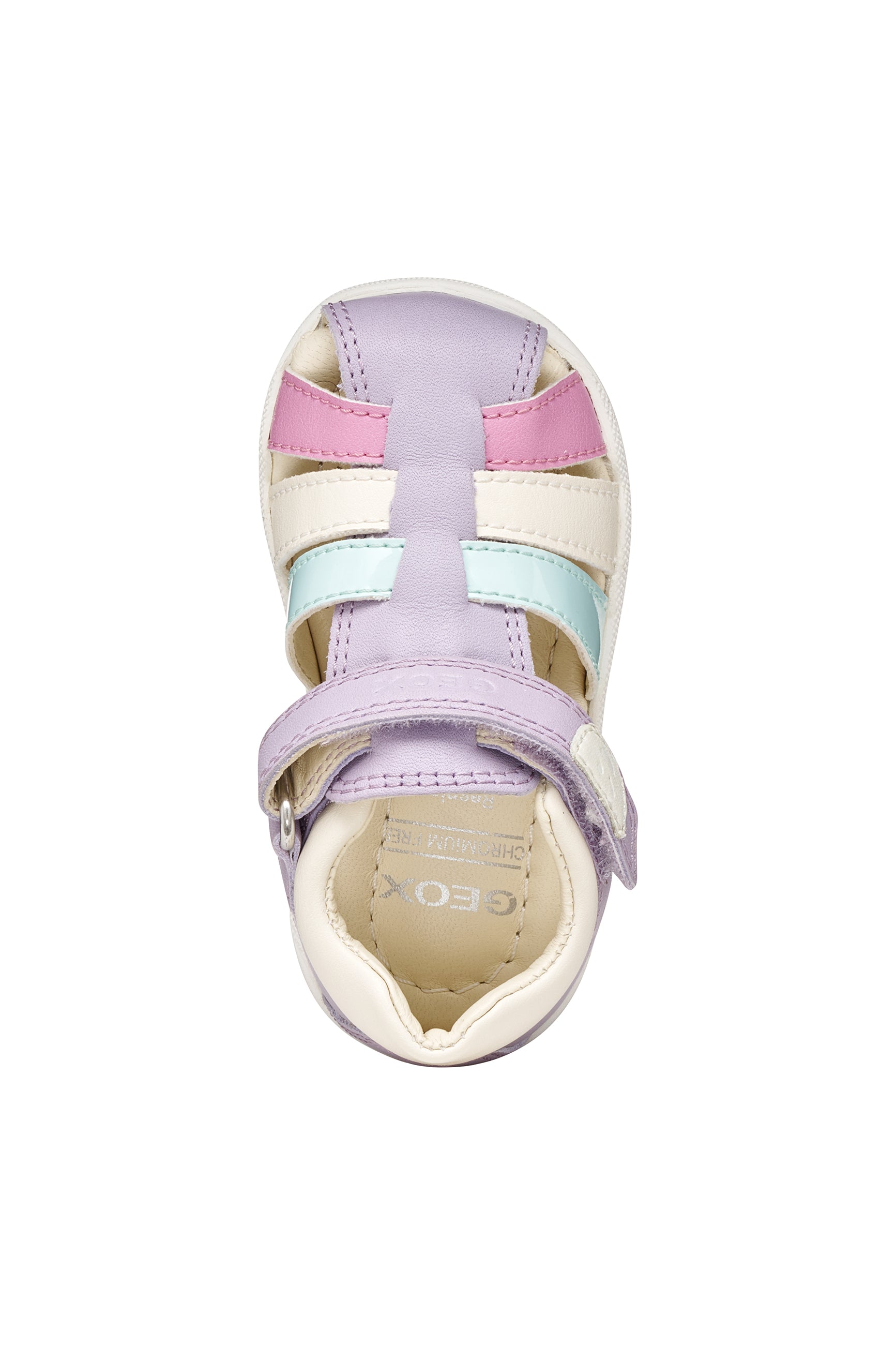 A girls sandal by Geox, style Macchia in lilac/watersea with blue white and pink on front and a velcro strap. Top view