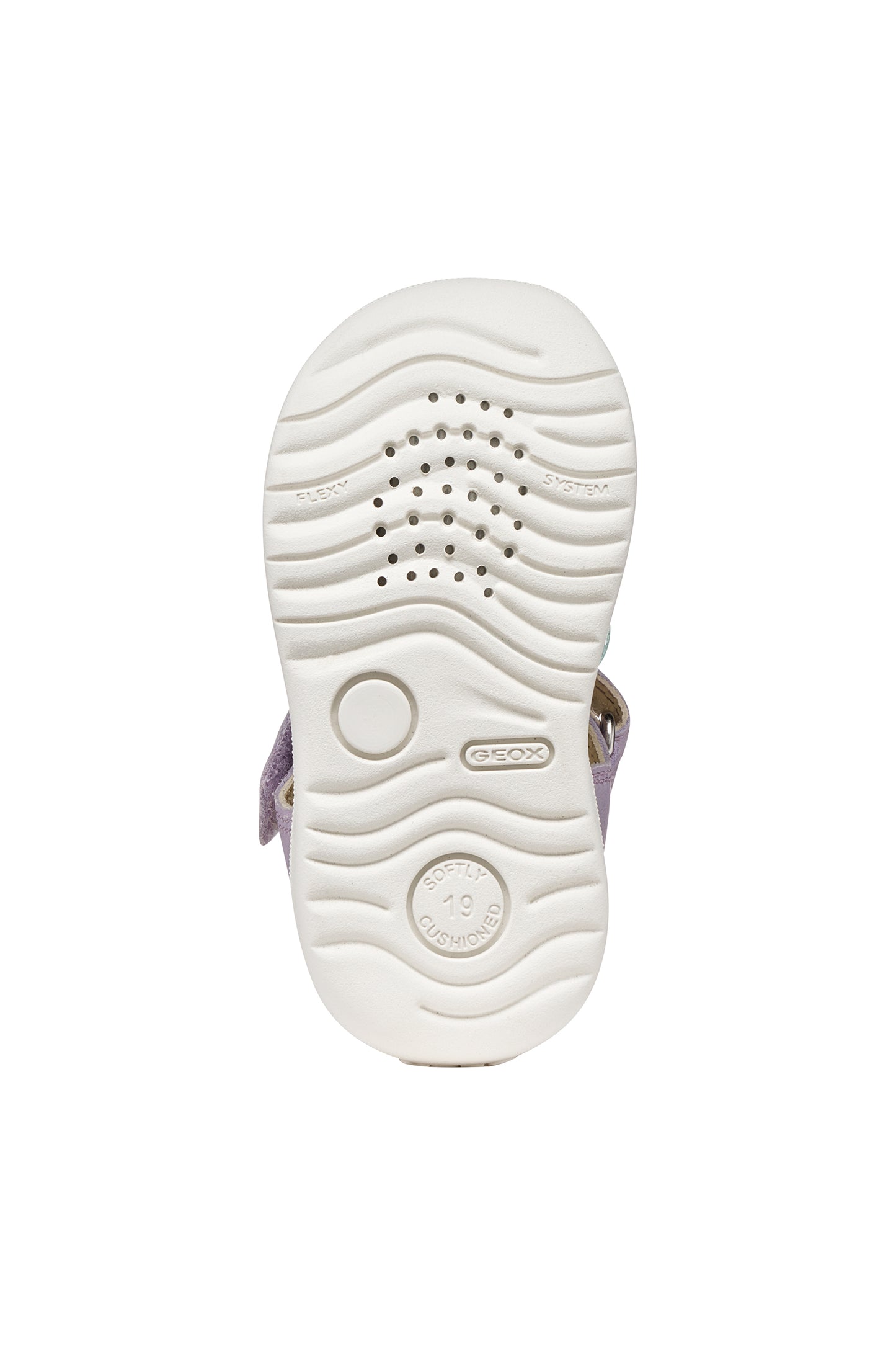 A girls sandal by Geox, style Macchia in lilac/watersea with blue white and pink on front and a velcro strap. View of sole with breathable holes