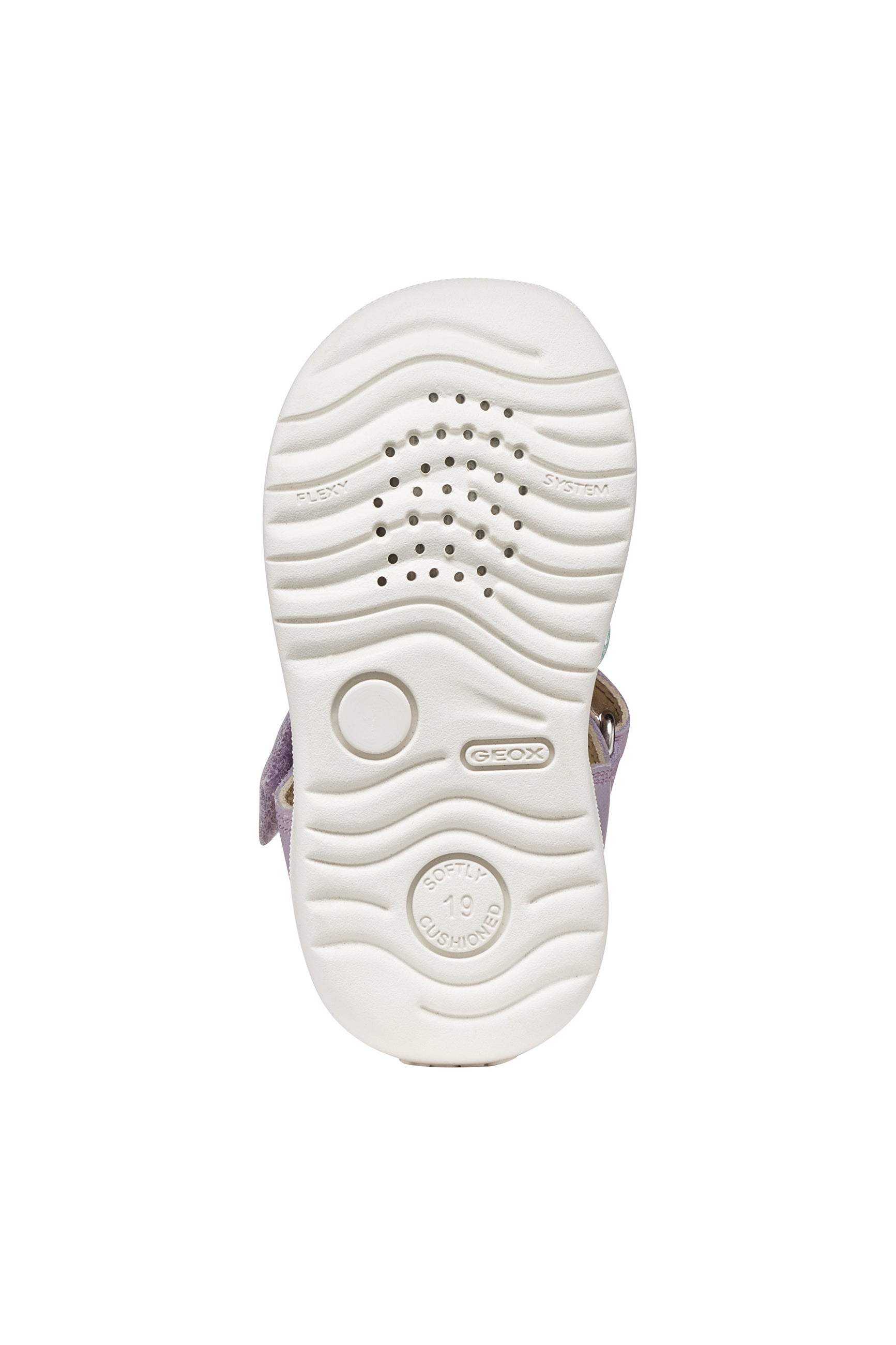A girls sandal by Geox, style Macchia in lilac/watersea with blue white and pink on front and a velcro strap. View of sole with breathable holes
