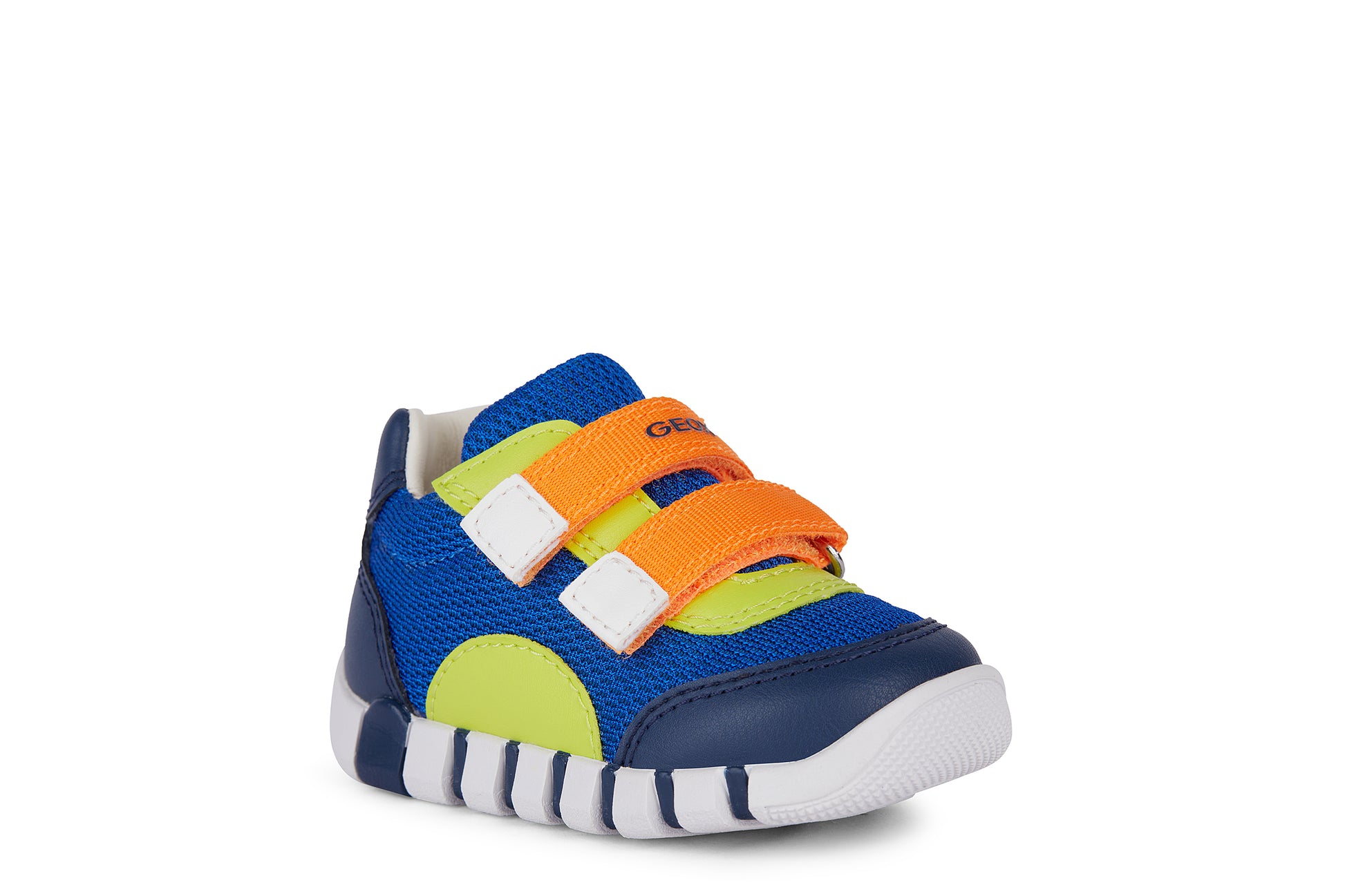 A boys pre walker by Geox, style Iupidoo, in blue/lime/orange multi with double velcro fastening. Angled right side view.