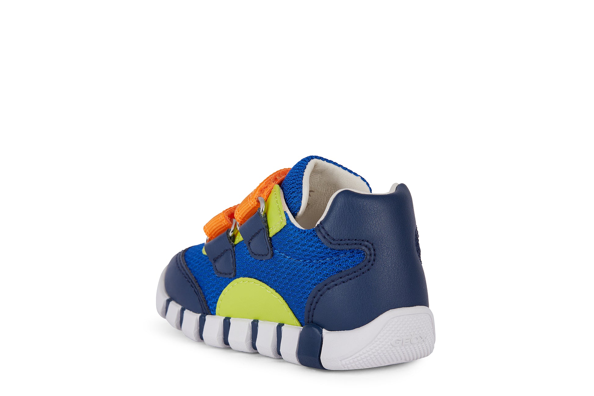 A boys pre walker by Geox, style Iupidoo, in blue/lime/orange multi with double velcro fastening. Angled left side view.