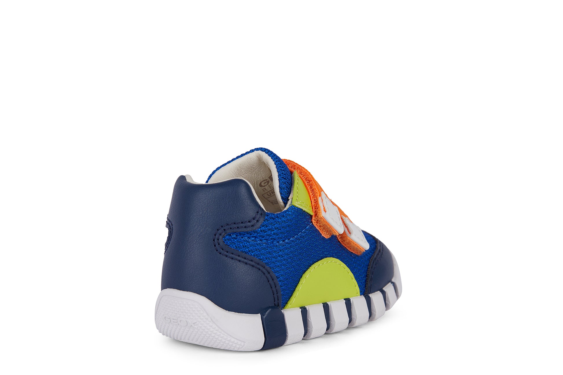 A boys pre walker by Geox, style Iupidoo, in blue/lime/orange multi with double velcro fastening. Angled right side view.
