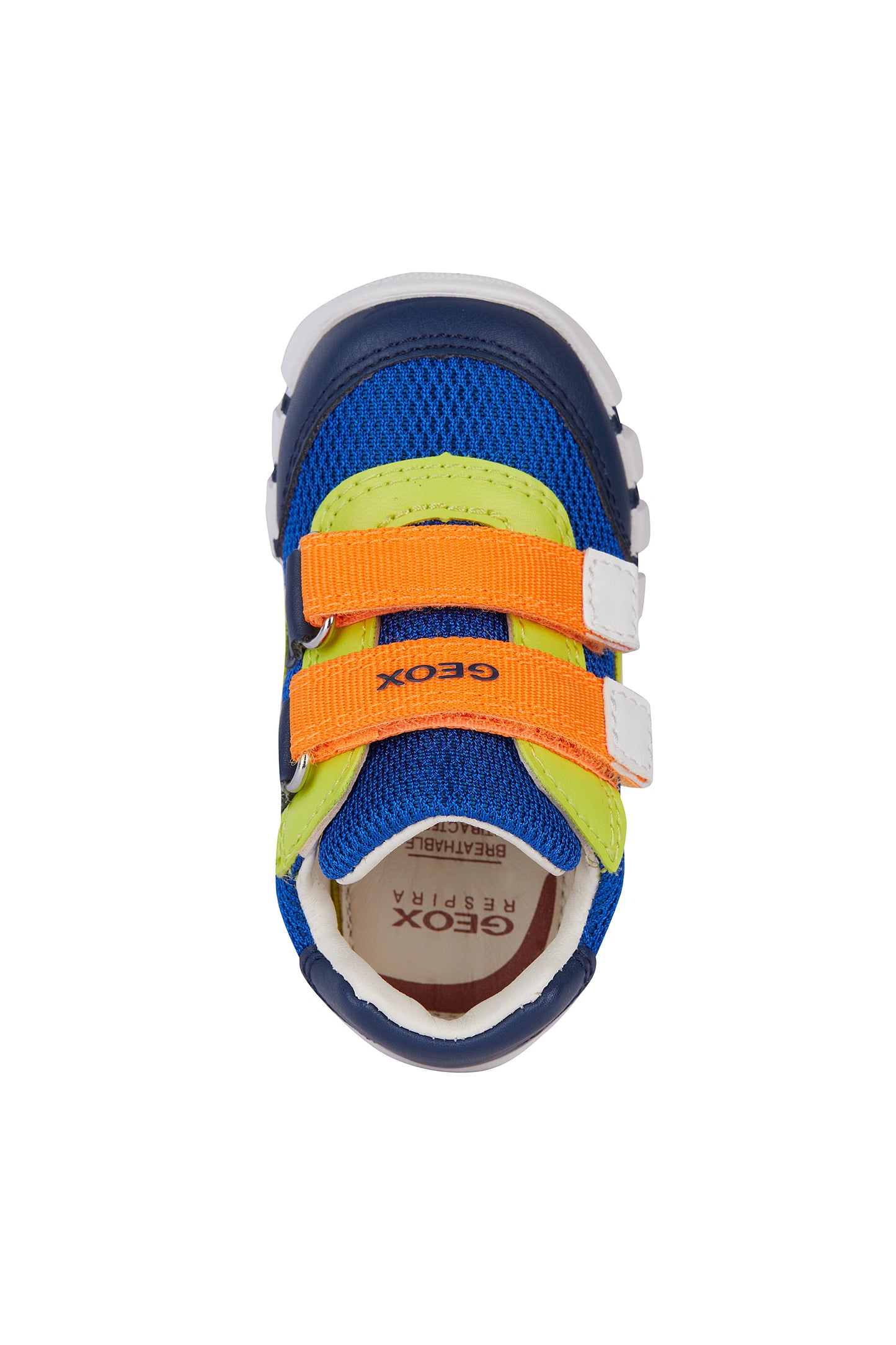A boys pre walker by Geox, style Iupidoo, in blue/lime/orange multi with double velcro fastening. View from above.