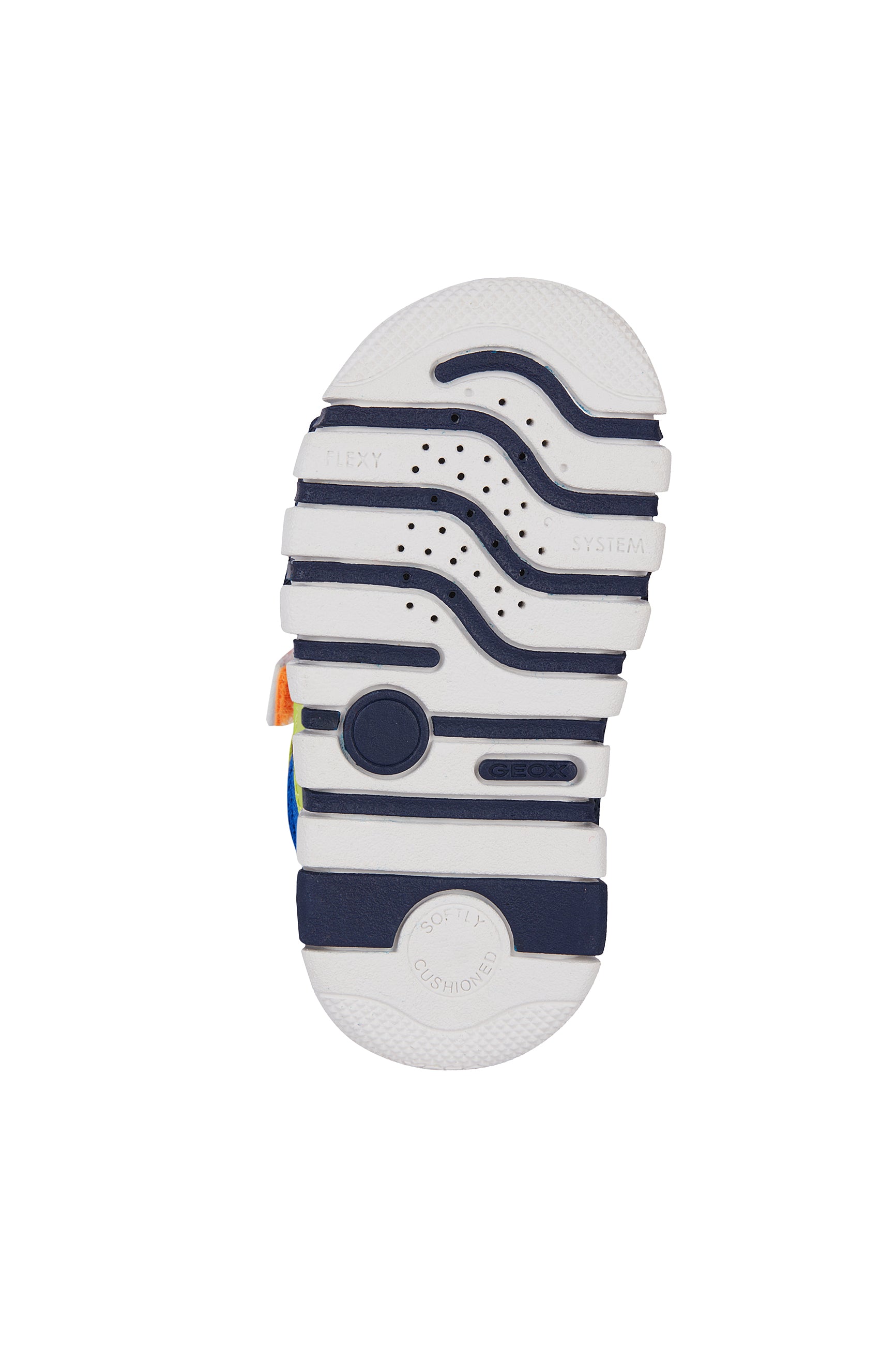 A boys pre walker by Geox, style Iupidoo, in blue/lime/orange multi with double velcro fastening. View of white navy sole.