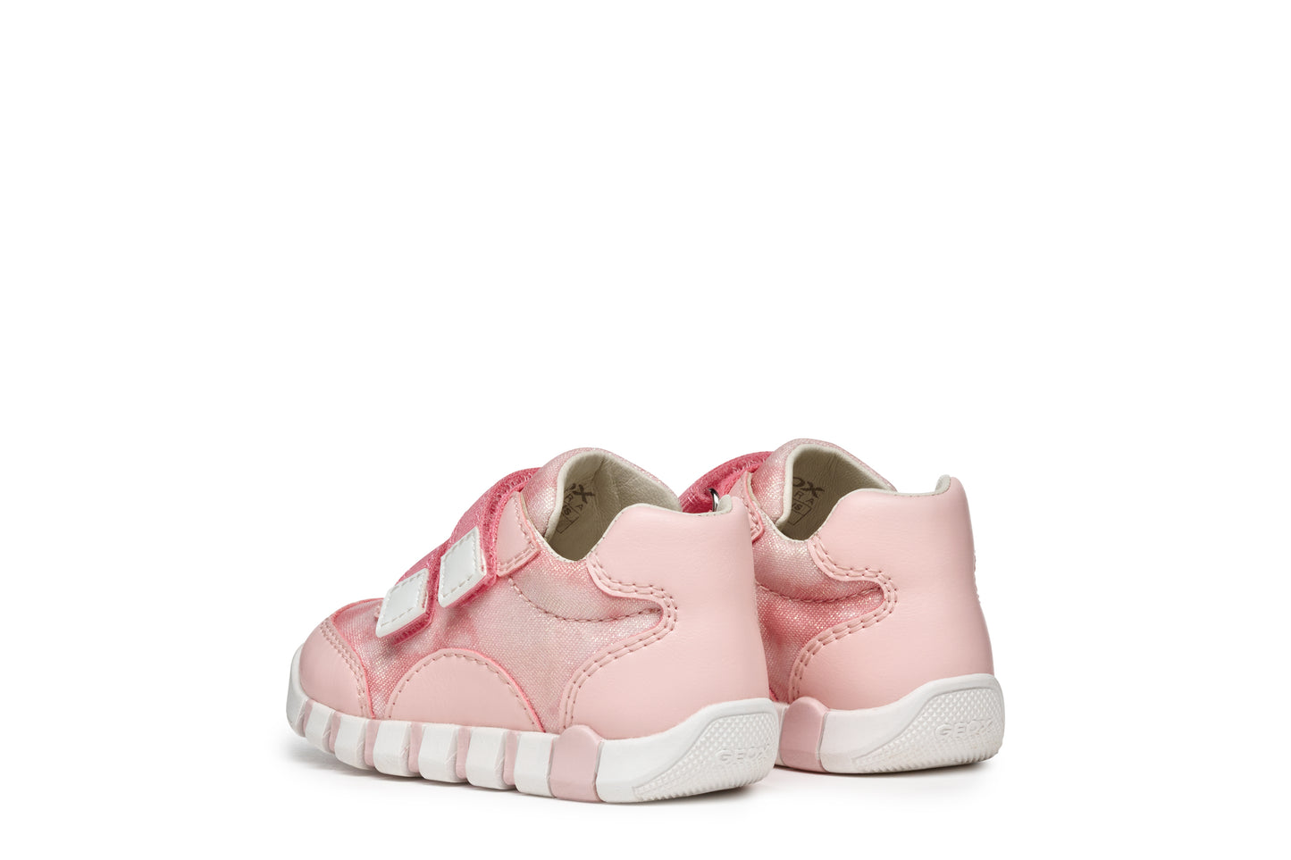 A girls shoe by Geox, style Iupidoo, in pink with double velcro fastening. Angled left side view of pair.