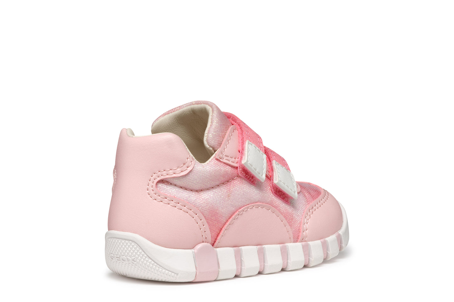 A girls shoe by Geox, style Iupidoo, in pink with double velcro fastening.  Angled right side view.