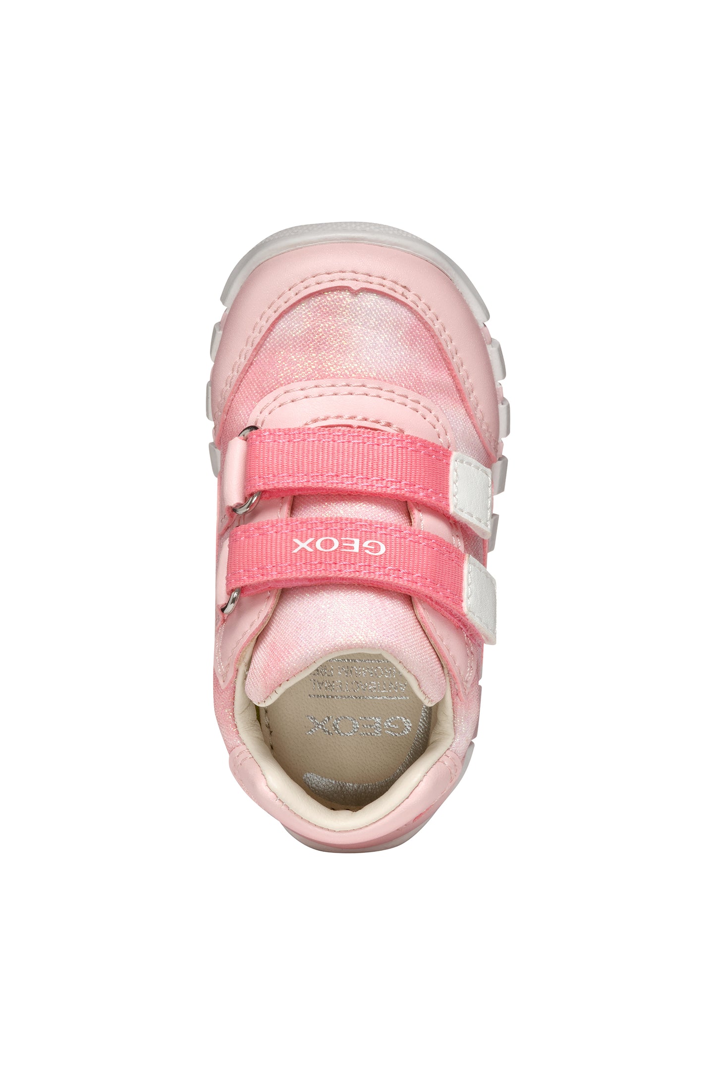 A girls shoe by Geox, style Iupidoo, in pink with double velcro fastening. Above view.