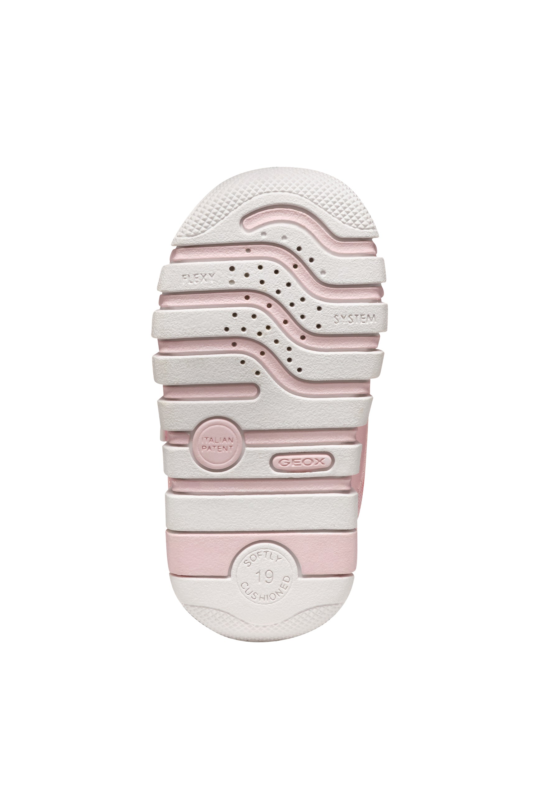 A girls shoe by Geox, style Iupidoo, in pink with double velcro fastening.  Sole view..