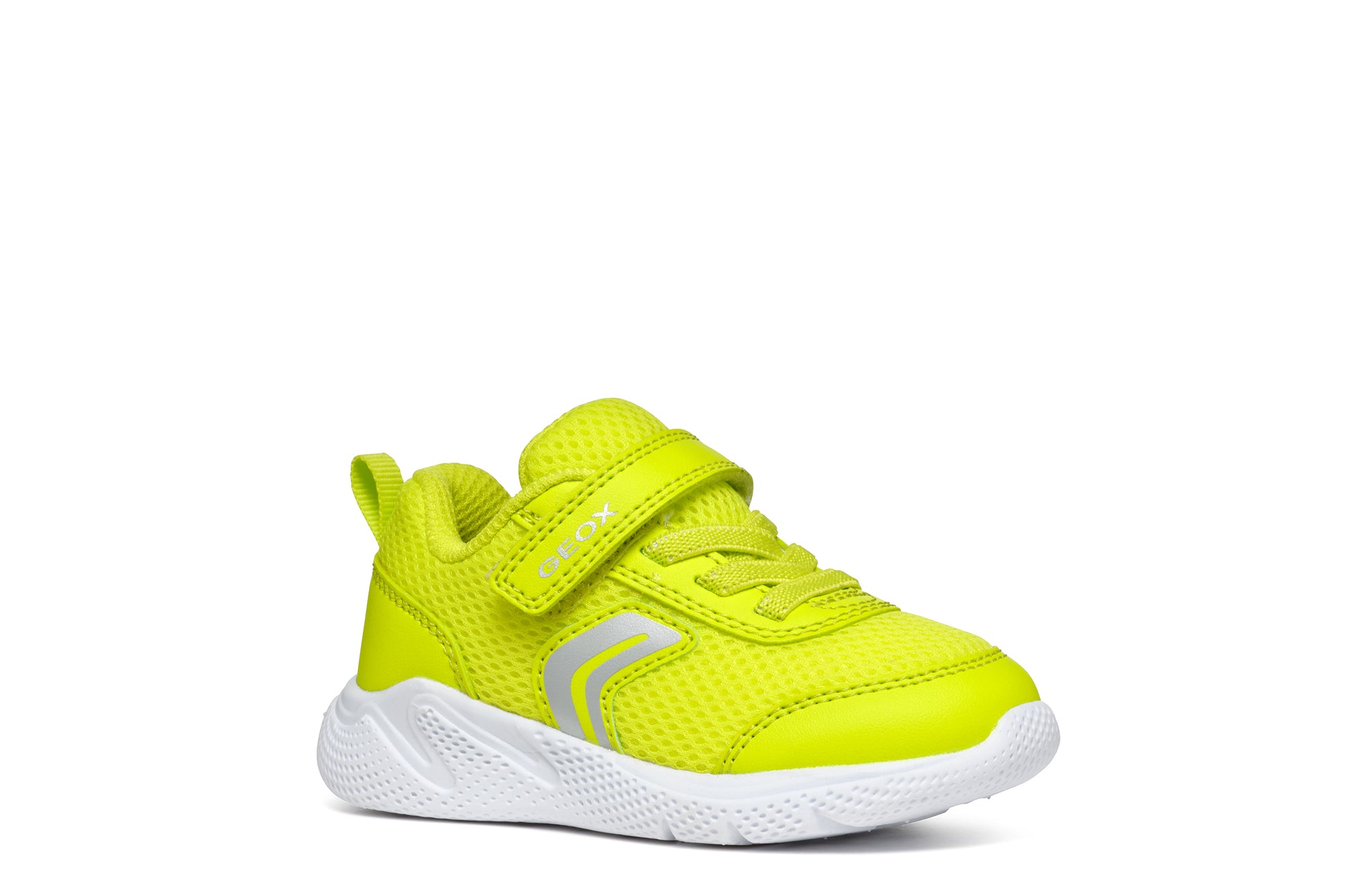 A unisex trainer by Geox, style B Sprintye, in fluorescent green with bungee lace and velcro fastening. Right side view.