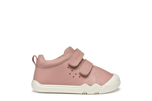 A girls casual shoe by Geox, style SteppieUp in pink with two velcro straps, white sole and toe and heel bumpers. Right side view