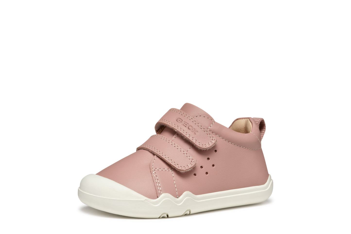 A girls casual shoe by Geox, style SteppieUp in pink with two velcro straps, white sole and toe and heel bumpers. Left side view