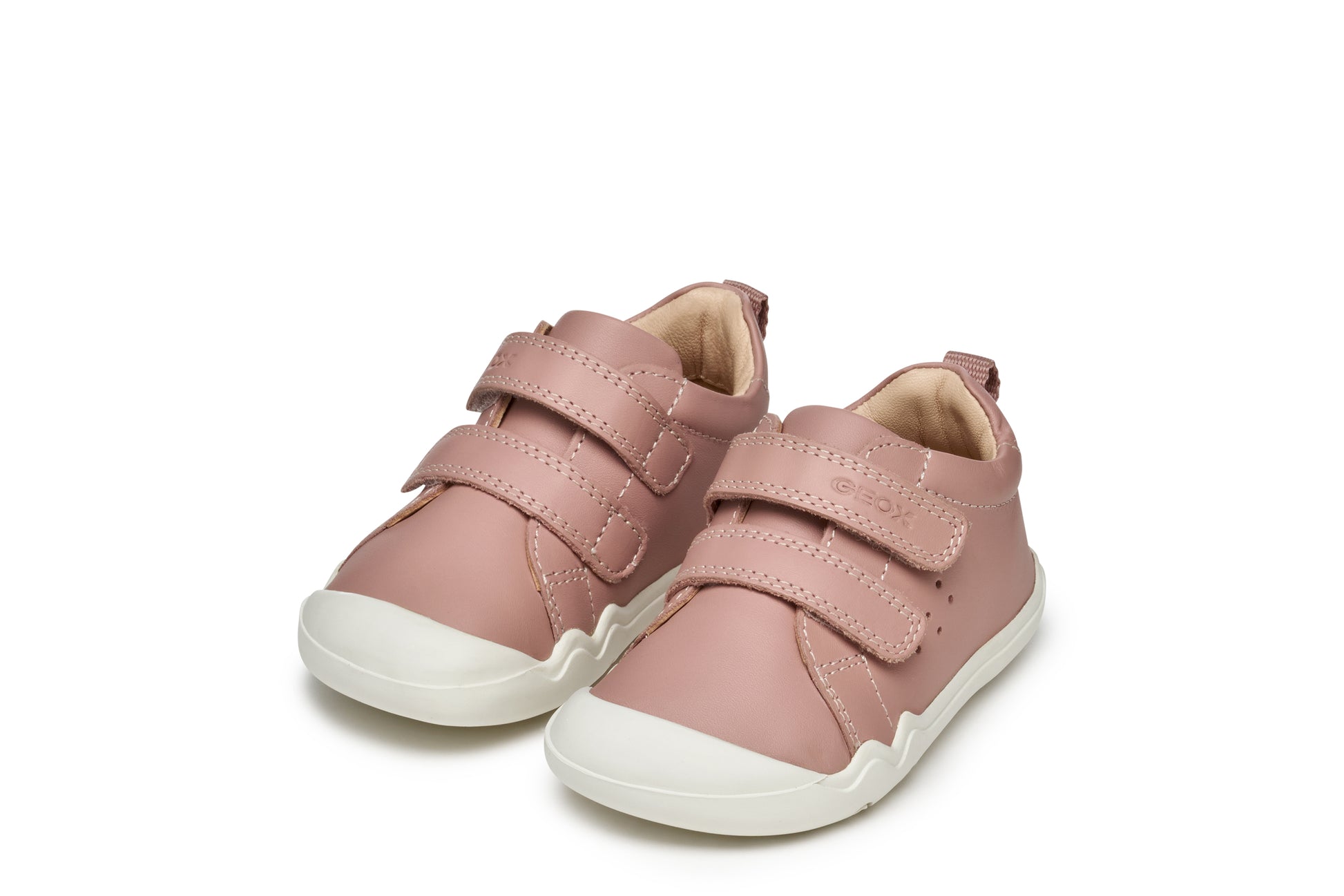 A girls casual shoe by Geox, style SteppieUp in pink with two velcro straps, white sole and toe and heel bumpers. View of pair