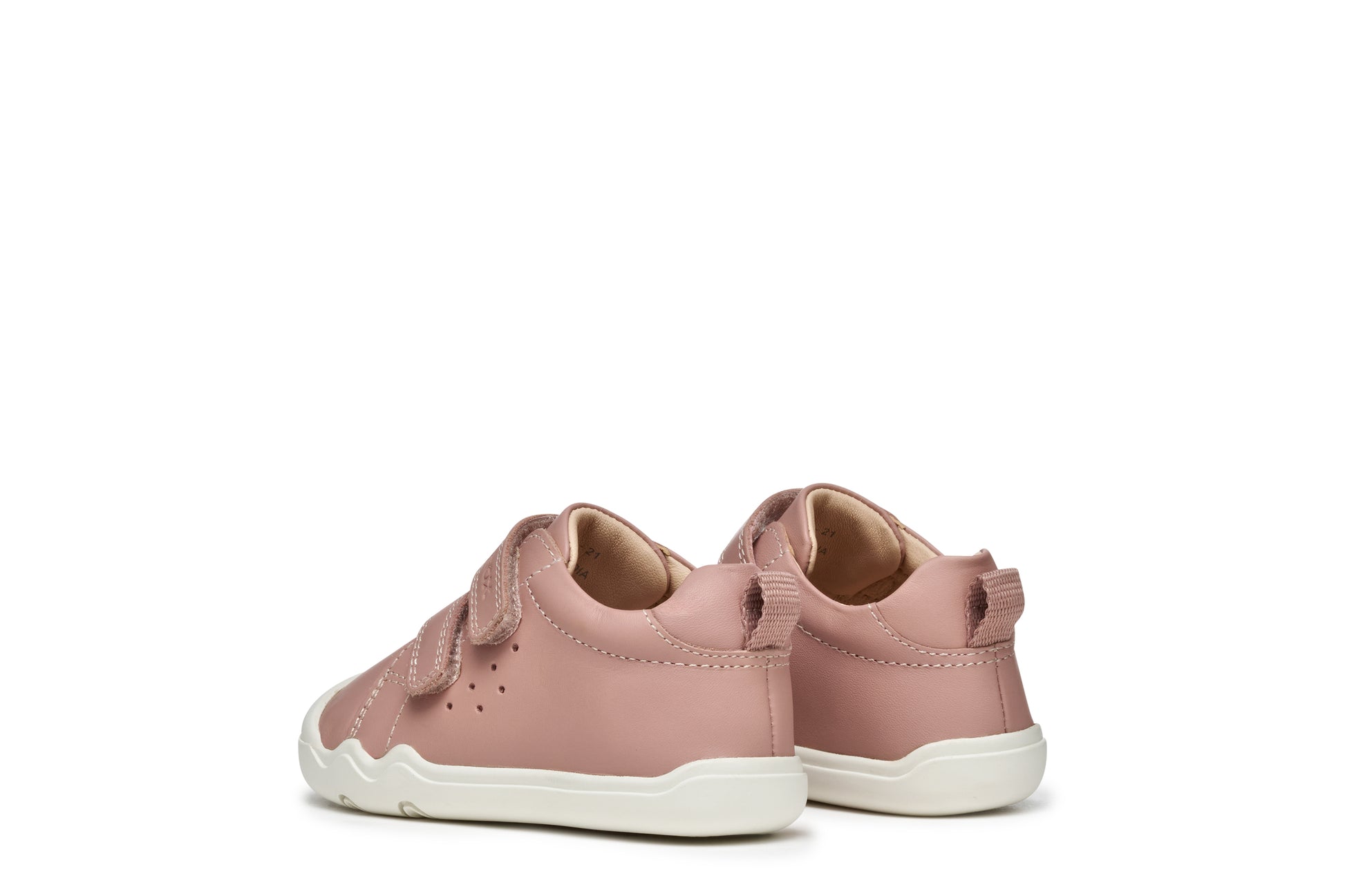 A girls casual shoe by Geox, style SteppieUp in pink with two velcro straps, white sole and toe and heel bumpers. Back view of pair
