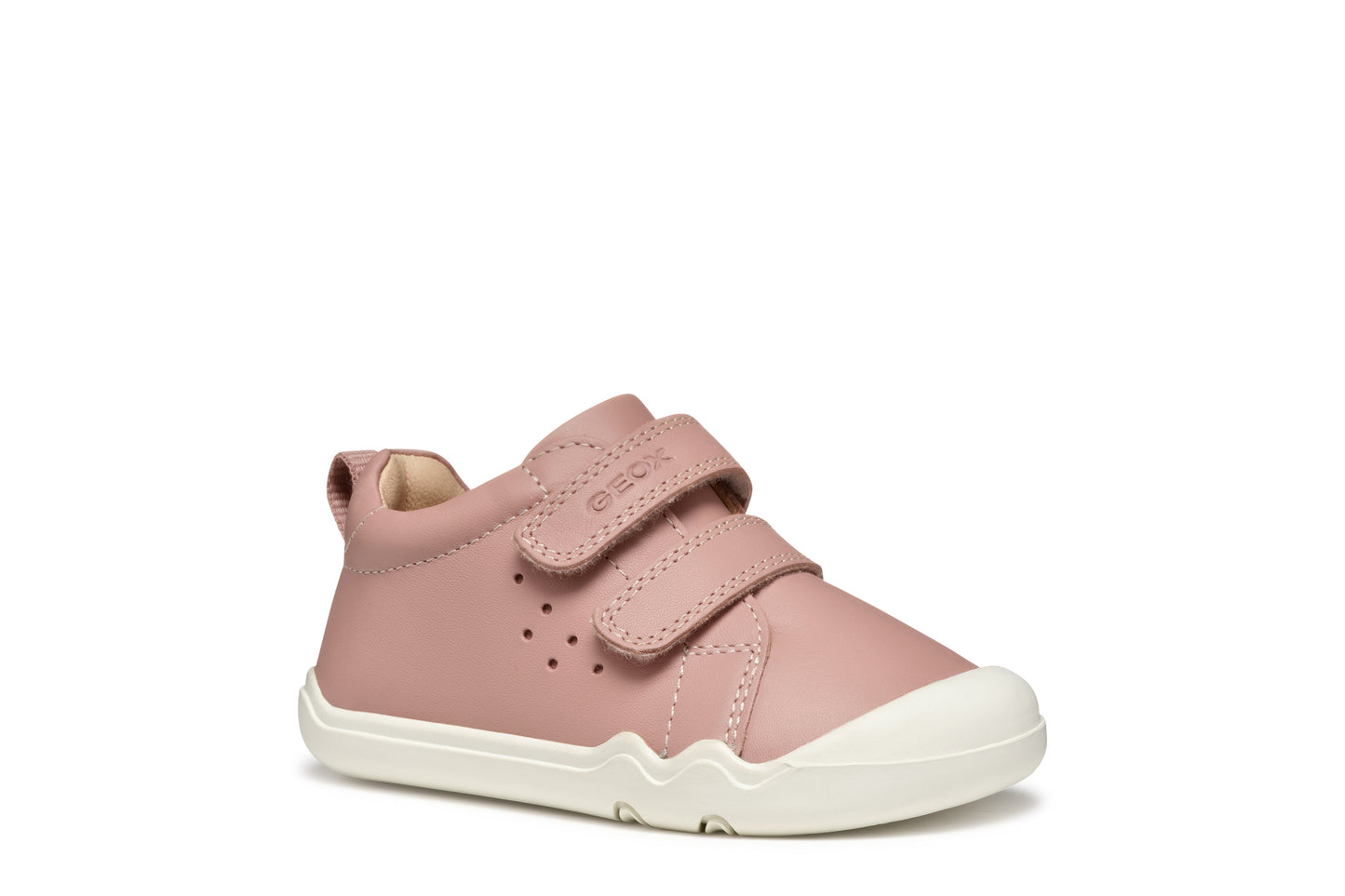 A girls casual shoe by Geox, style SteppieUp in pink with two velcro straps, white sole and toe and heel bumpers. Right side view