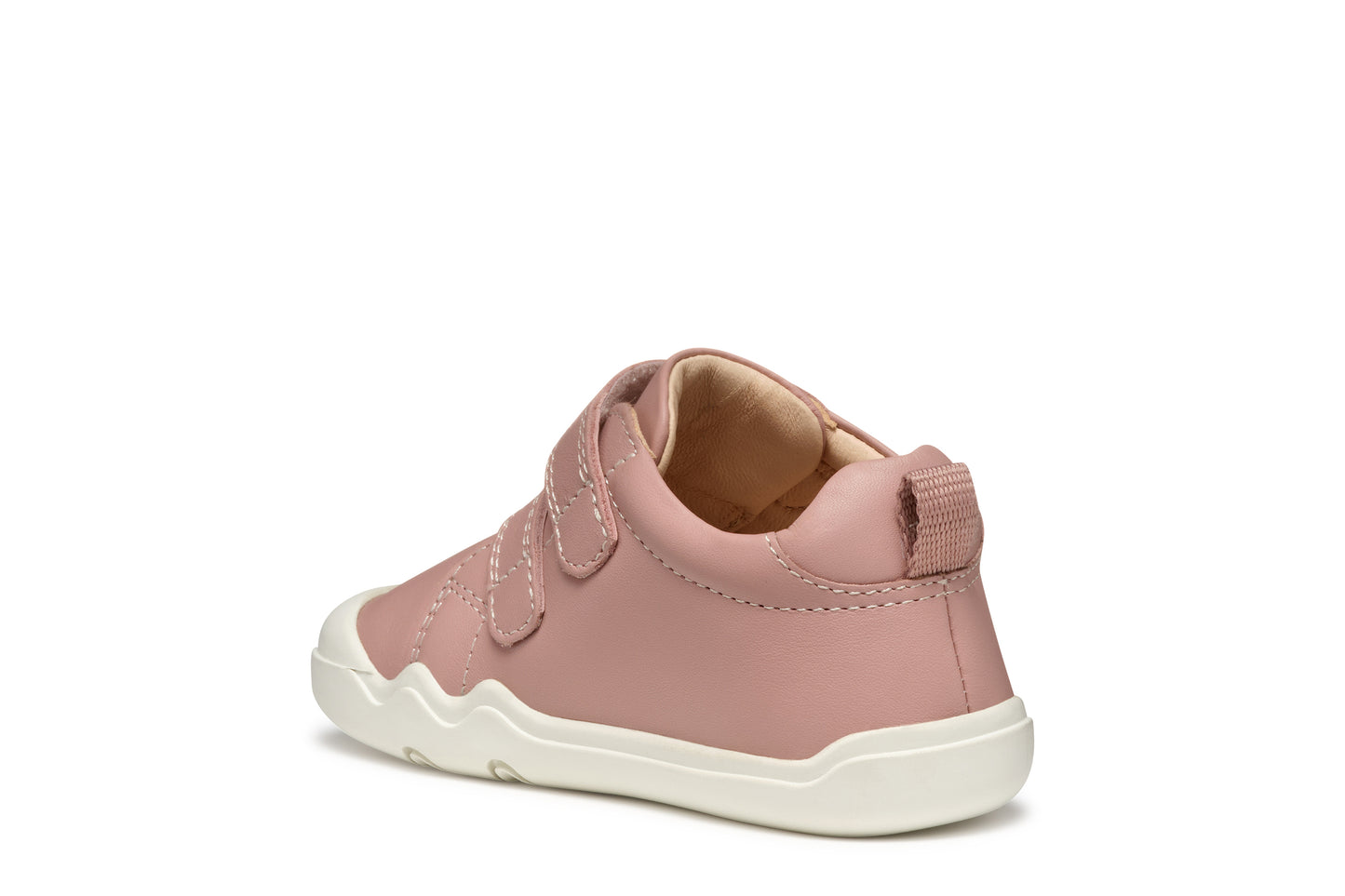 A girls casual shoe by Geox, style SteppieUp in pink with two velcro straps, white sole and toe and heel bumpers. Inner back view