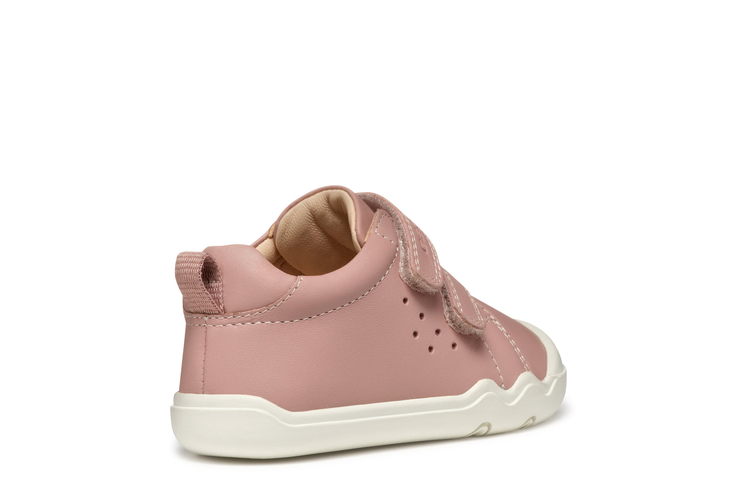 A girls casual shoe by Geox, style SteppieUp in pink with two velcro straps, white sole and toe and heel bumpers. Outer back view