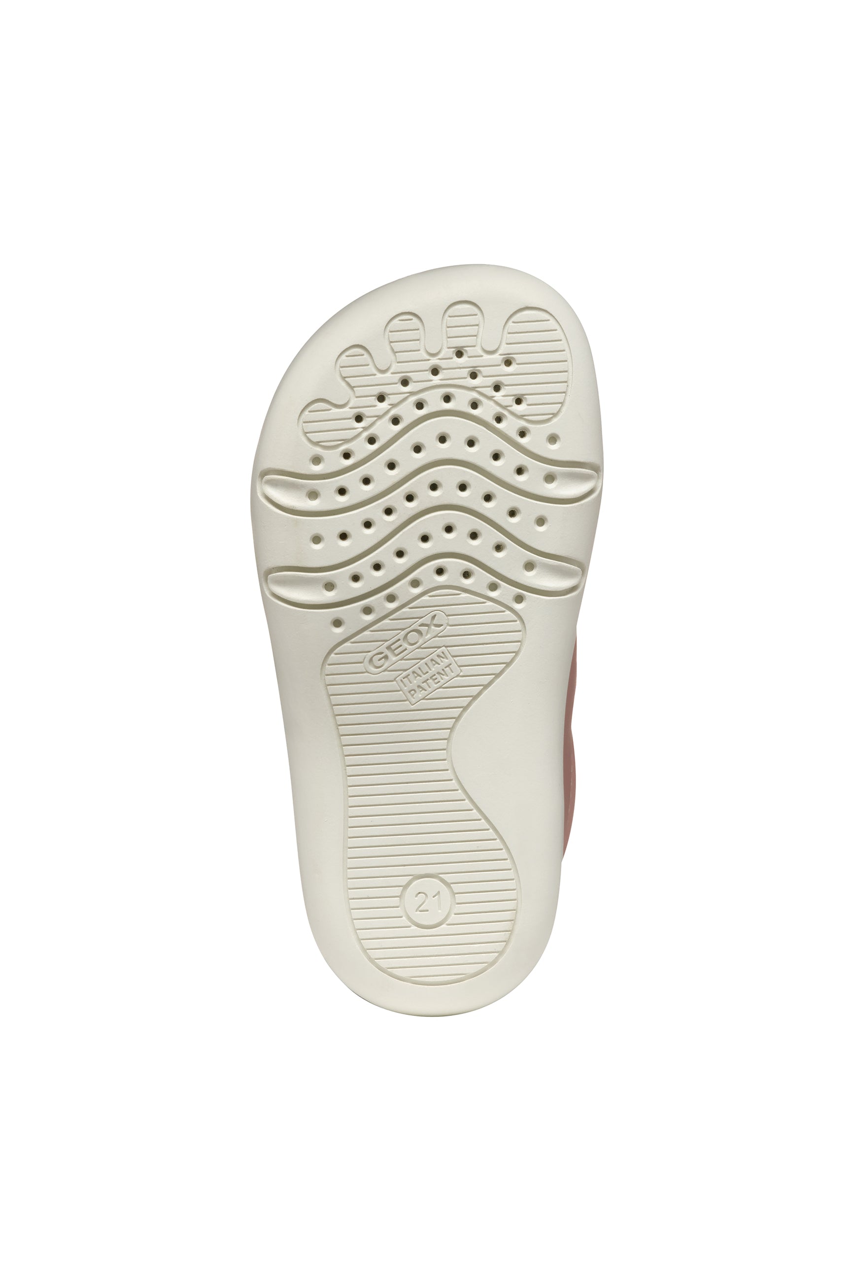 A girls casual shoe by Geox, style SteppieUp in pink with two velcro straps, white sole and toe and heel bumpers.View of sole with breathable holes