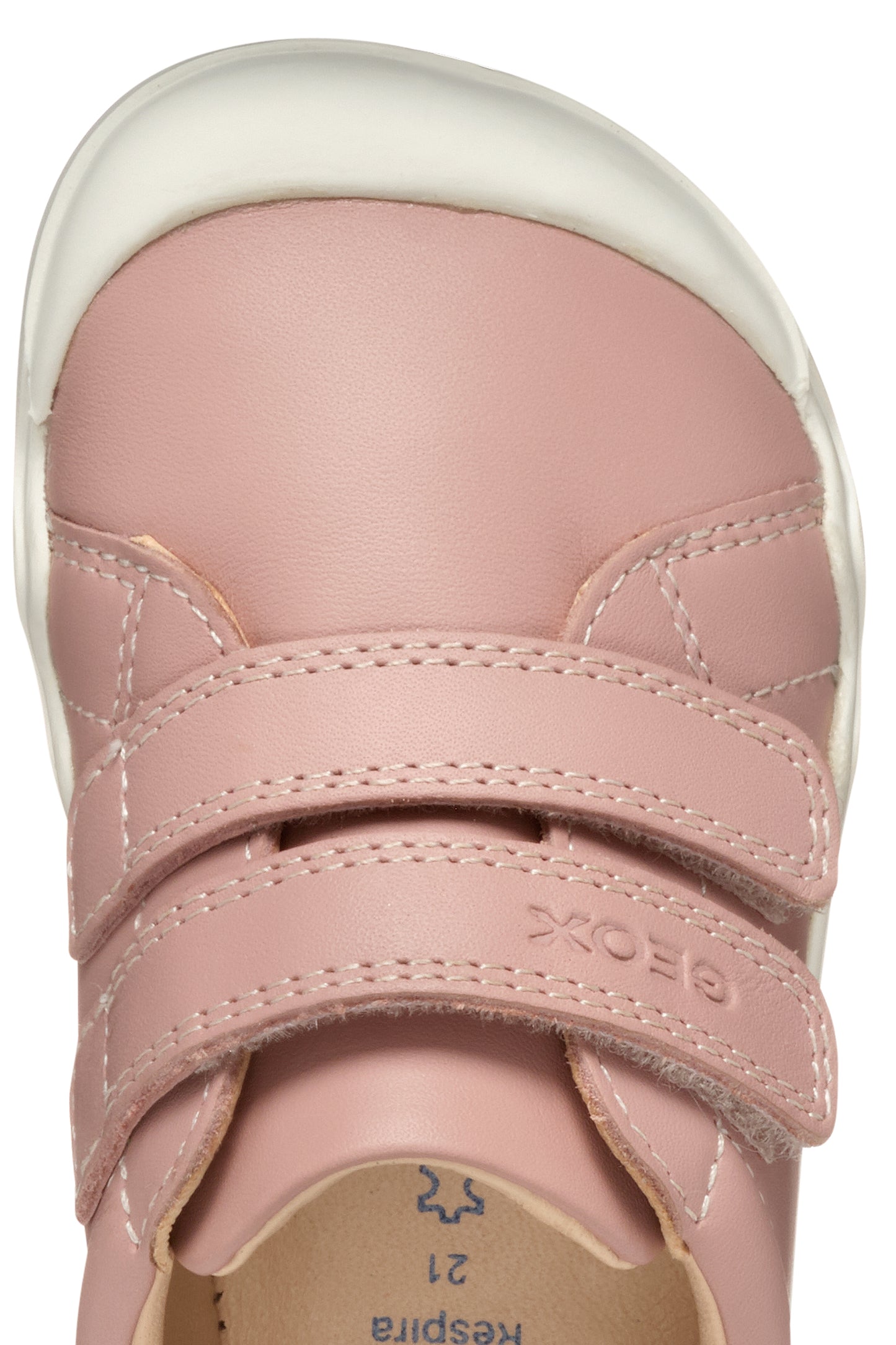 A girls casual shoe by Geox, style SteppieUp in pink with two velcro straps, white sole and toe and heel bumpers. Zoomed view of straps and front