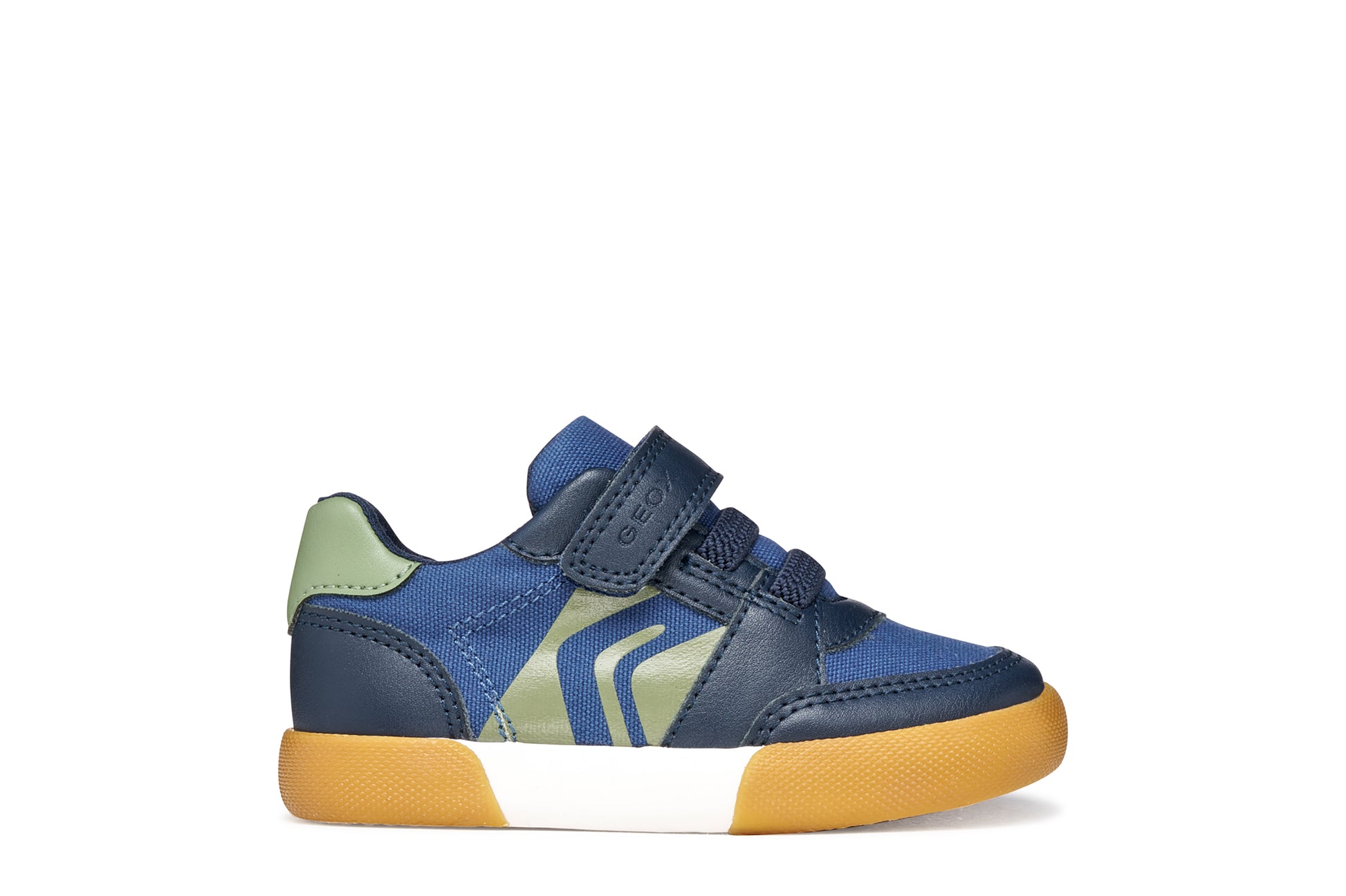 A boys casual shoe by Geox, style Gisli Boy in navy/olive with velcro strap and elastic laces with olive green pattern on side. Right side view