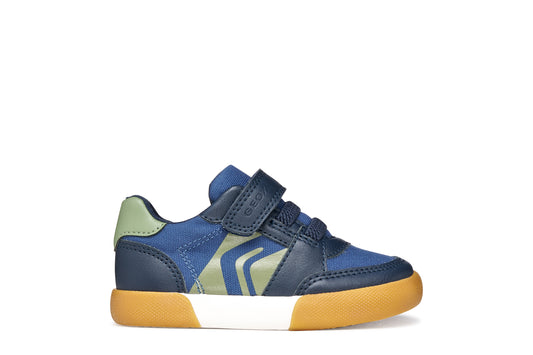 A boys casual shoe by Geox, style Gisli Boy in navy/olive with velcro strap and elastic laces with olive green pattern on side. Right side view