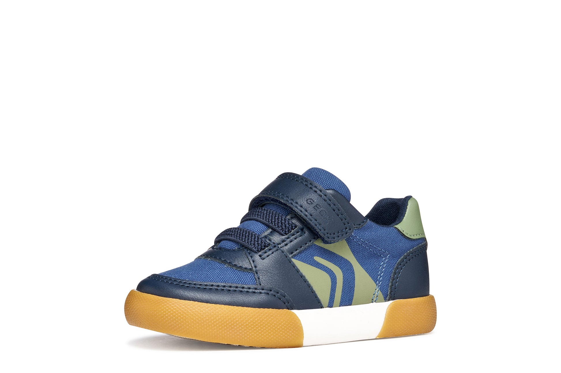 A boys casual shoe by Geox, style Gisli Boy in navy/olive with velcro strap and elastic laces with olive green pattern on side. Left side view